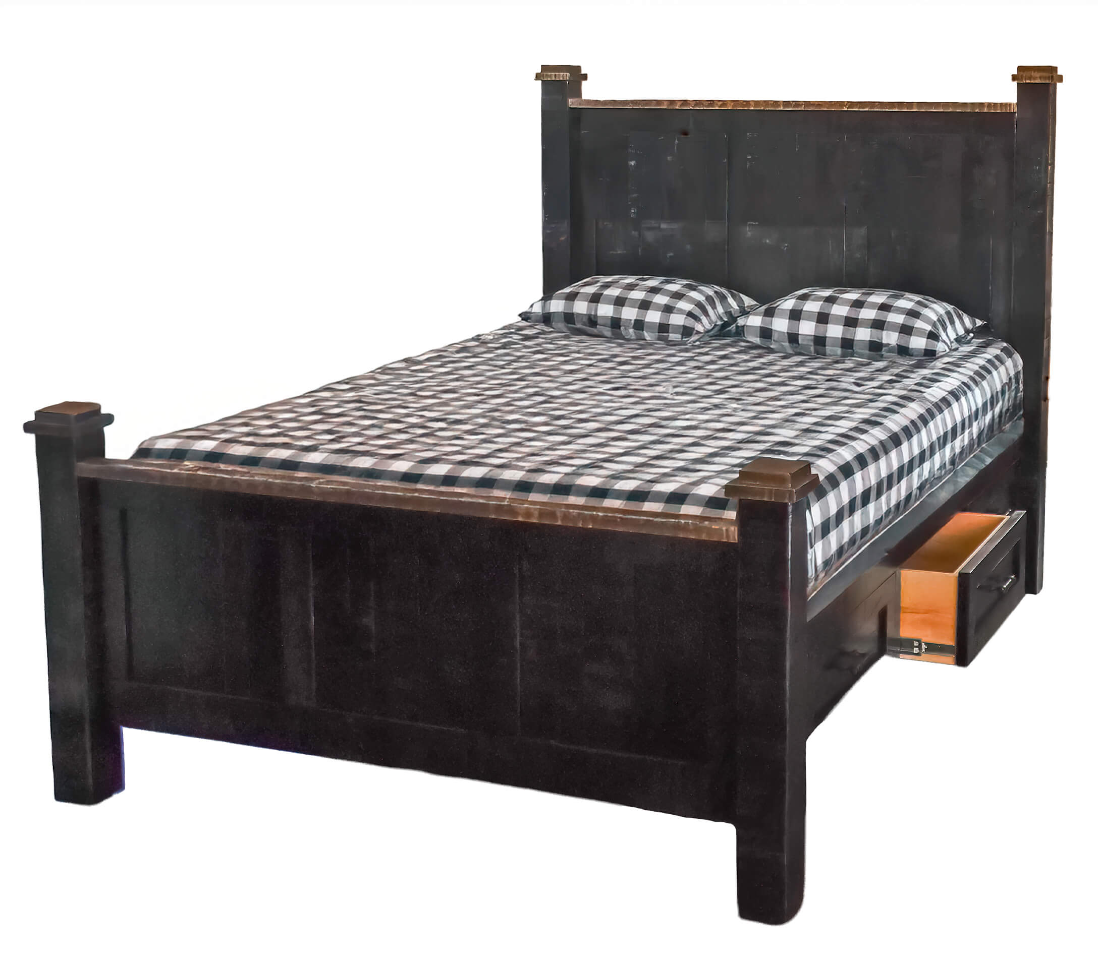 7.8.26 Spring Valley Woodworking Bedroom Gallery 8 A wooden bed frame with a high headboard, checkered bedding, two pillows, and a partially open drawer built into the bed’s side.