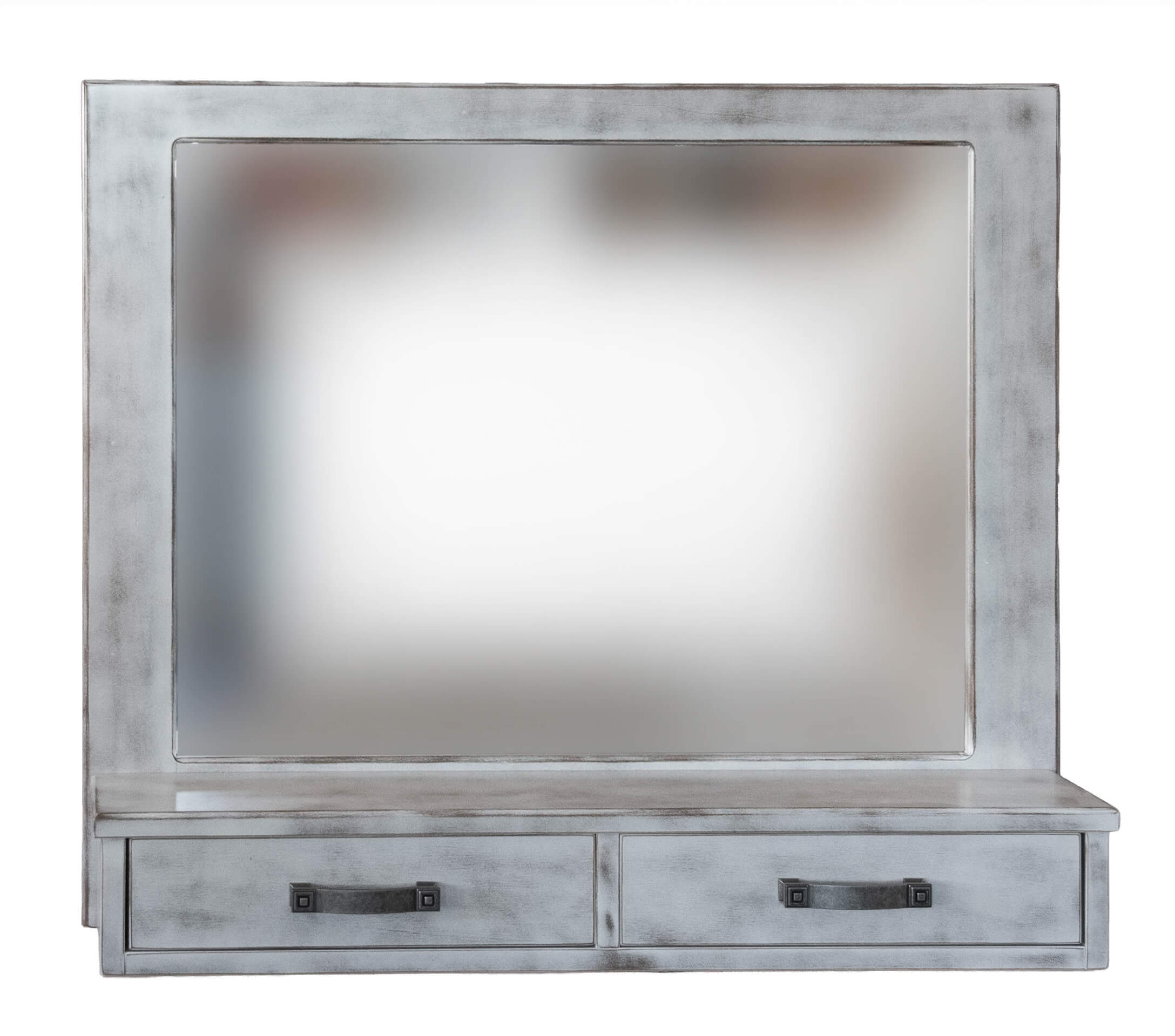 7.8.26 Spring Valley Woodworking Bedroom Gallery 9 Large rectangular wall mirror with a distressed white wooden frame, featuring two drawers with metal handles below the mirror.