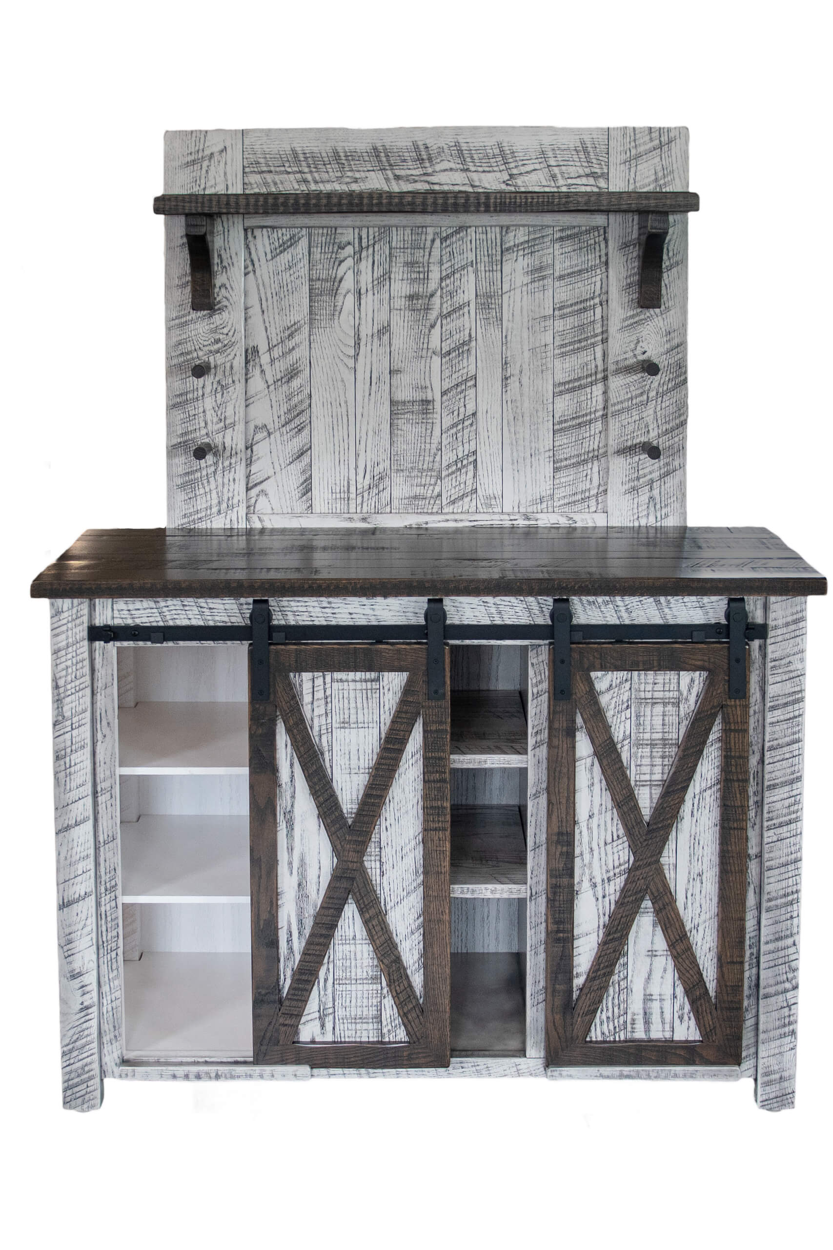 7.8.26 Spring Valley Woodworking Cabinets, Hutches, and Storage Gallery 1 Rustic white wooden sideboard with a dark top, open shelving, two sliding barn doors, and a matching back panel with a narrow upper shelf.