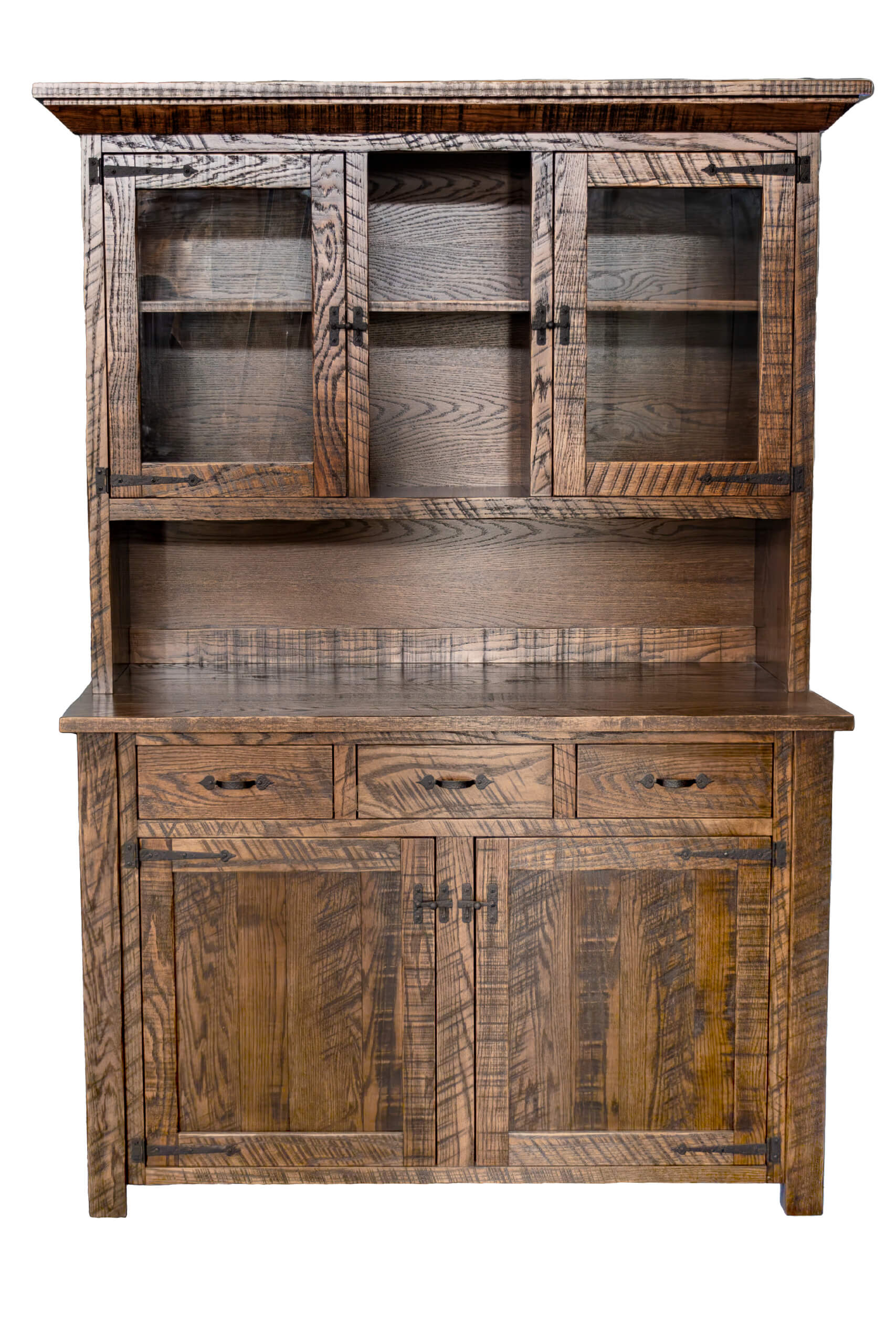 7.8.26 Spring Valley Woodworking Cabinets, Hutches, and Storage Gallery 11 A wooden hutch with glass upper cabinet doors, three drawers, and two lower cabinet doors, featuring a natural wood grain finish.