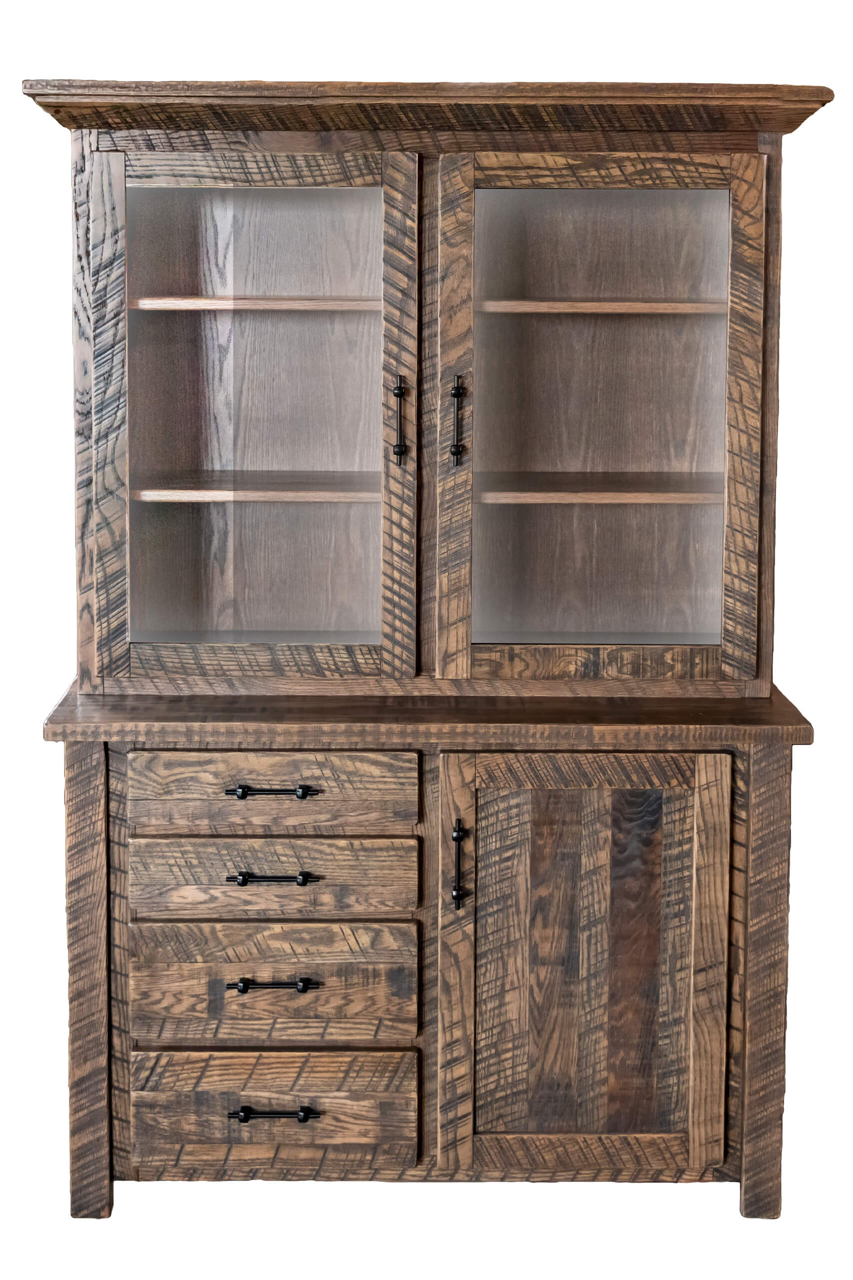 7.8.26 Spring Valley Woodworking Cabinets, Hutches, and Storage Gallery 13 Wooden hutch with glass-paneled upper doors, three shelves, four drawers, and a lower cabinet with a solid door. The wood has a rustic, textured finish.