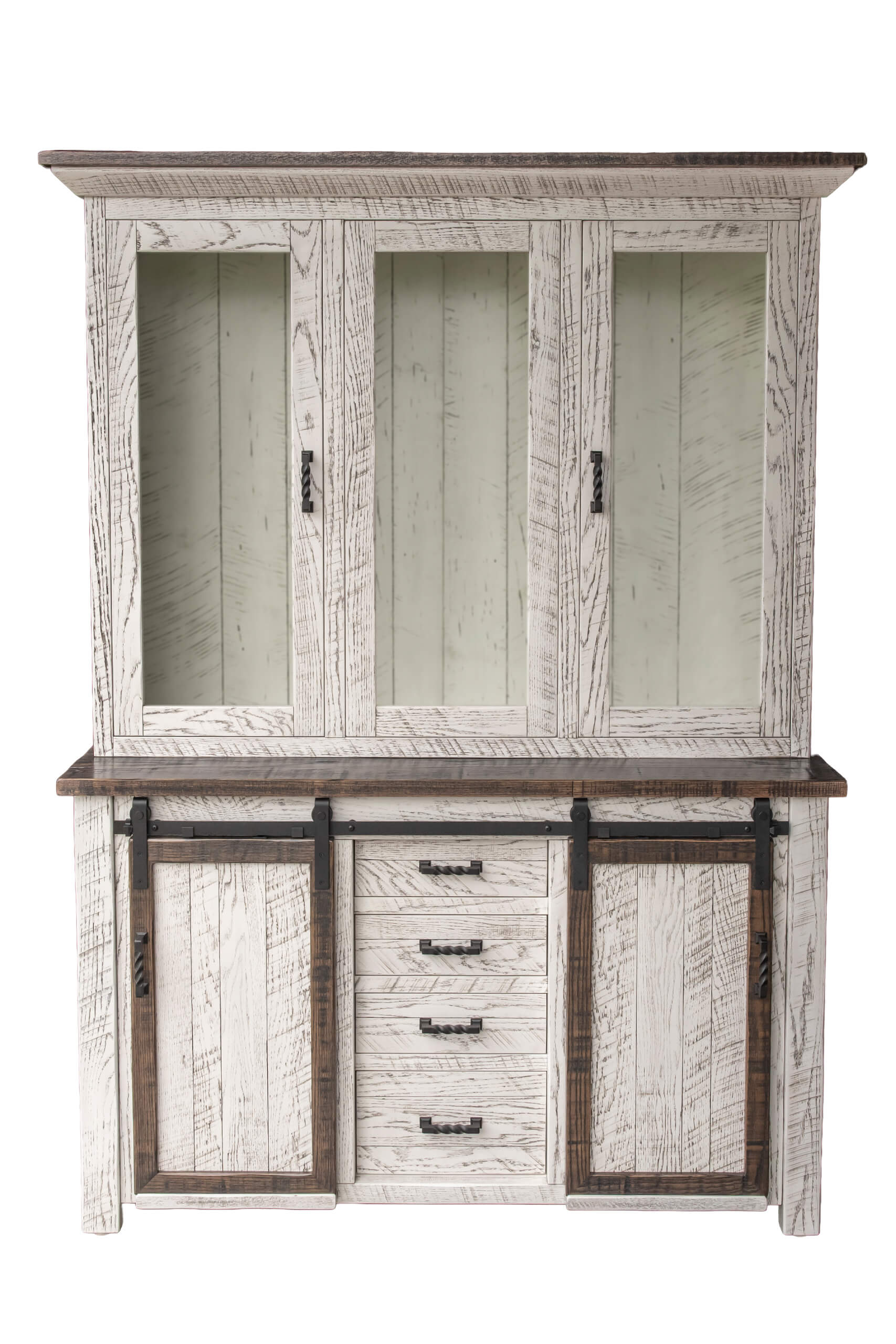 7.8.26 Spring Valley Woodworking Cabinets, Hutches, and Storage Gallery 14 Rustic white wooden hutch with glass-paneled upper doors, four central drawers, and two sliding barn-style lower doors with dark hardware.