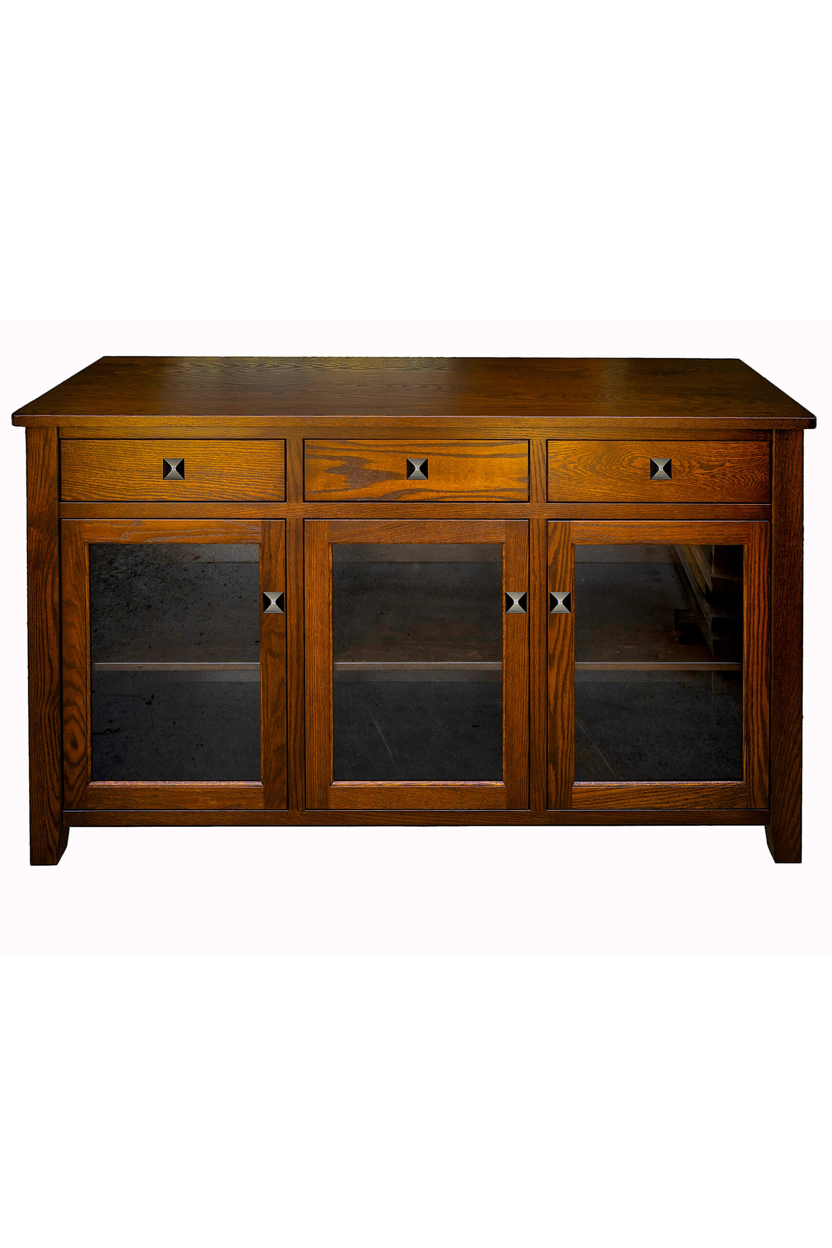 7.8.26 Spring Valley Woodworking Cabinets, Hutches, and Storage Gallery 15 Wooden sideboard with three upper drawers and three lower glass-panel cabinet doors, featuring metal knob handles, set against a plain background.
