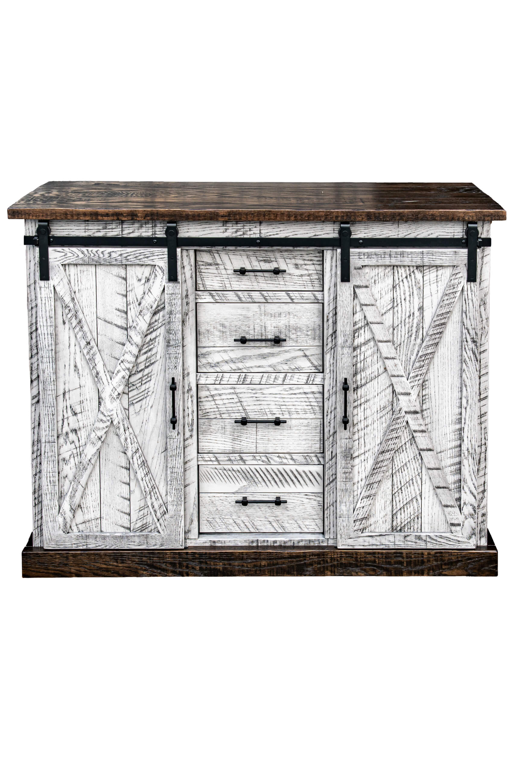 7.8.26 Spring Valley Woodworking Cabinets, Hutches, and Storage Gallery 16 Whitewashed wooden sideboard with a dark wood top, featuring two sliding barn doors on either side and four central drawers with black handles.