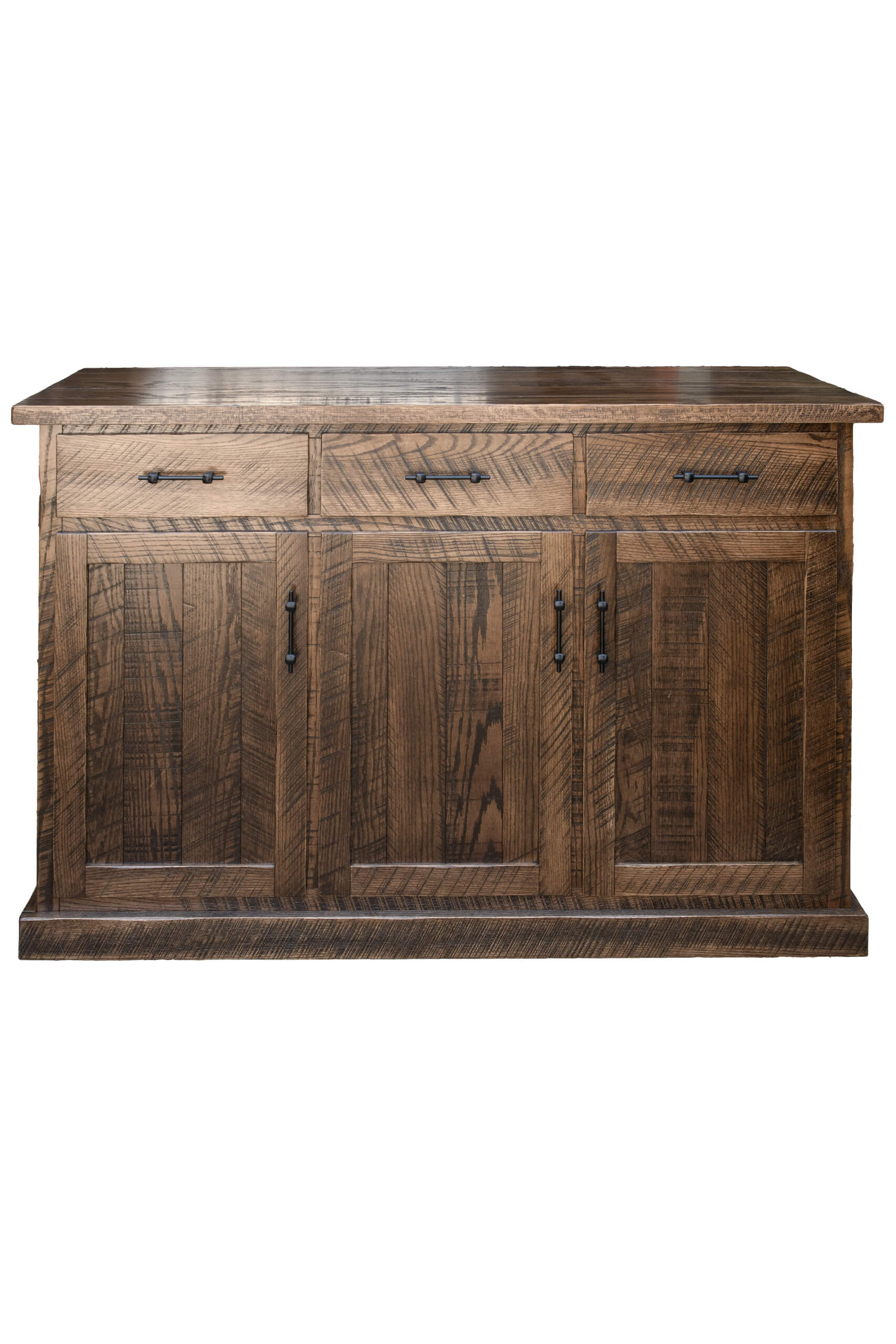 7.8.26 Spring Valley Woodworking Cabinets, Hutches, and Storage Gallery 17 A wooden sideboard with three drawers on top and three cabinet doors below, featuring visible wood grain and metal handles.
