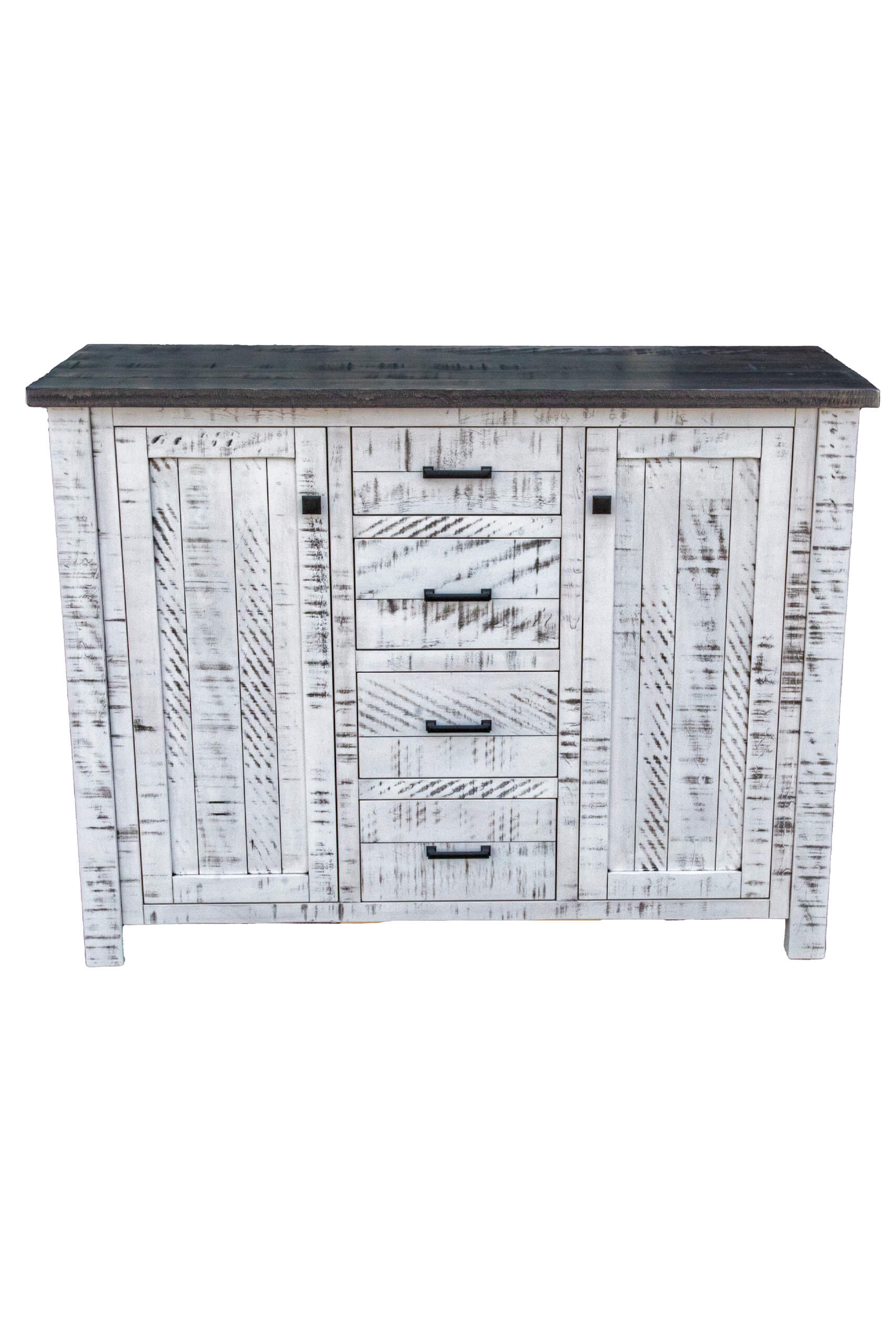 7.8.26 Spring Valley Woodworking Cabinets, Hutches, and Storage Gallery 18 A distressed white wooden sideboard with a dark top, featuring three central drawers and two side cabinets with black handles.