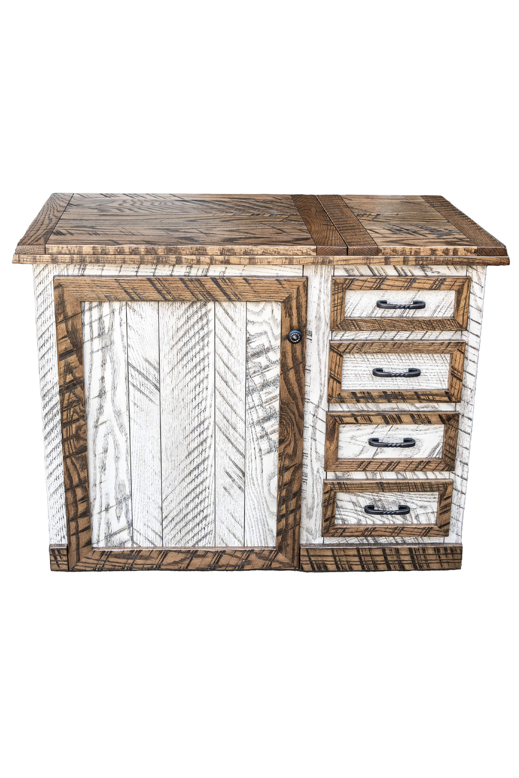 7.8.26 Spring Valley Woodworking Cabinets, Hutches, and Storage Gallery 20 A rustic wooden cabinet with a single door on the left and four pull-out drawers on the right, featuring a weathered white and brown finish.