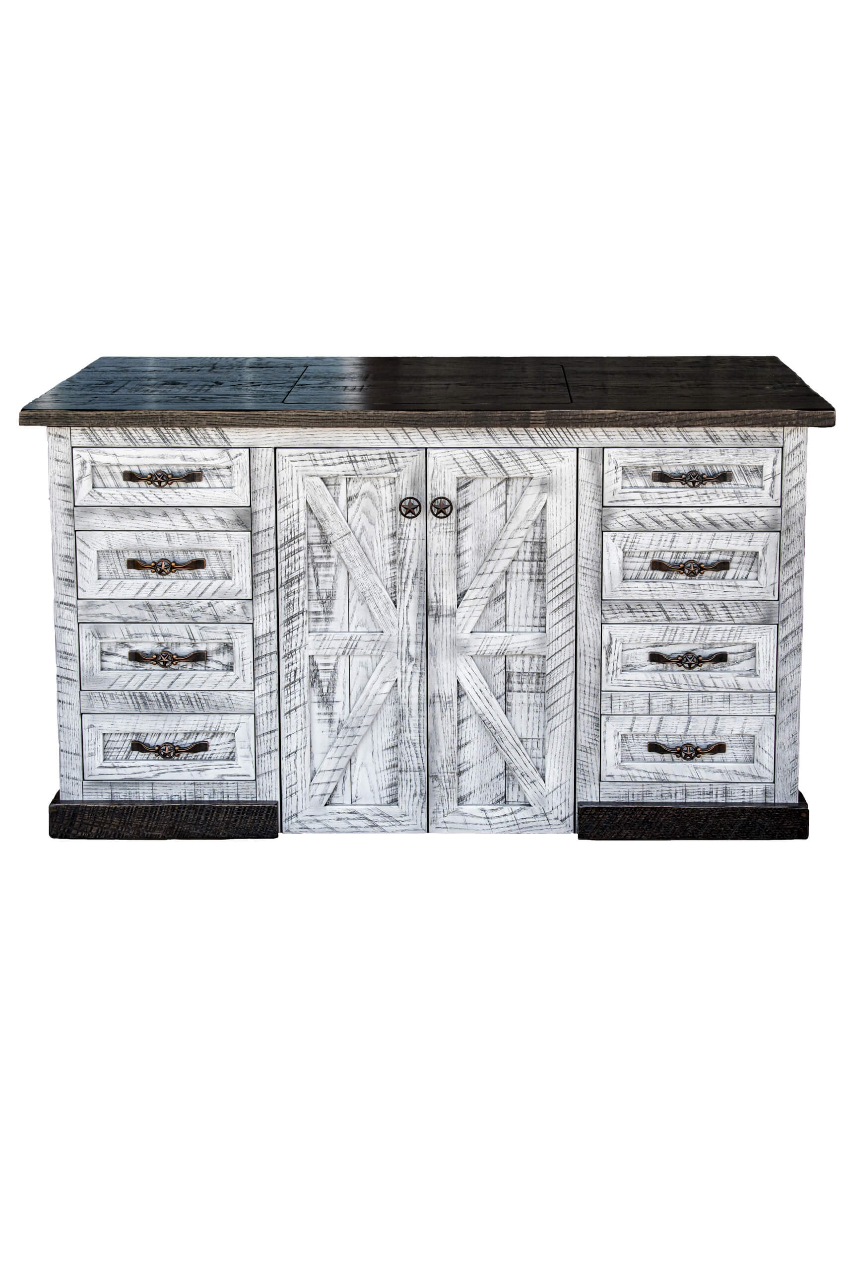 7.8.26 Spring Valley Woodworking Cabinets, Hutches, and Storage Gallery 21 Rustic white wooden sideboard with two central doors and eight drawers, featuring dark handles and a contrasting dark tabletop and base.