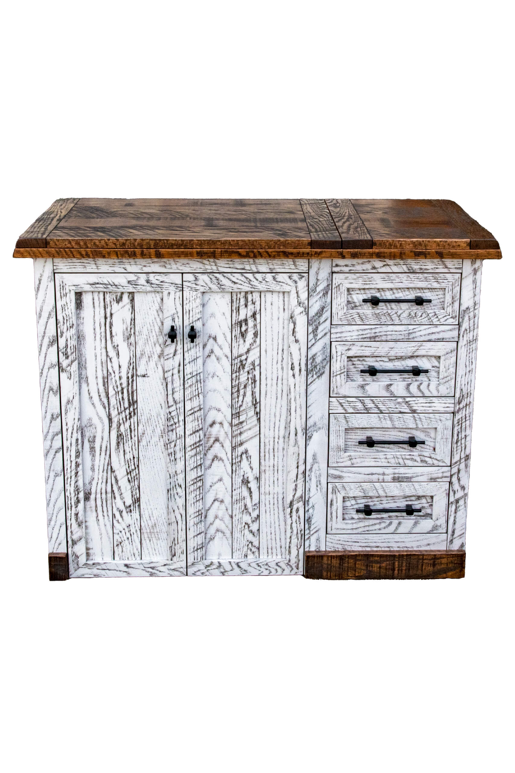 7.8.26 Spring Valley Woodworking Cabinets, Hutches, and Storage Gallery 22 Wooden sideboard with a distressed white finish, featuring two cabinet doors on the left and four drawers on the right, with a natural wood top and base.