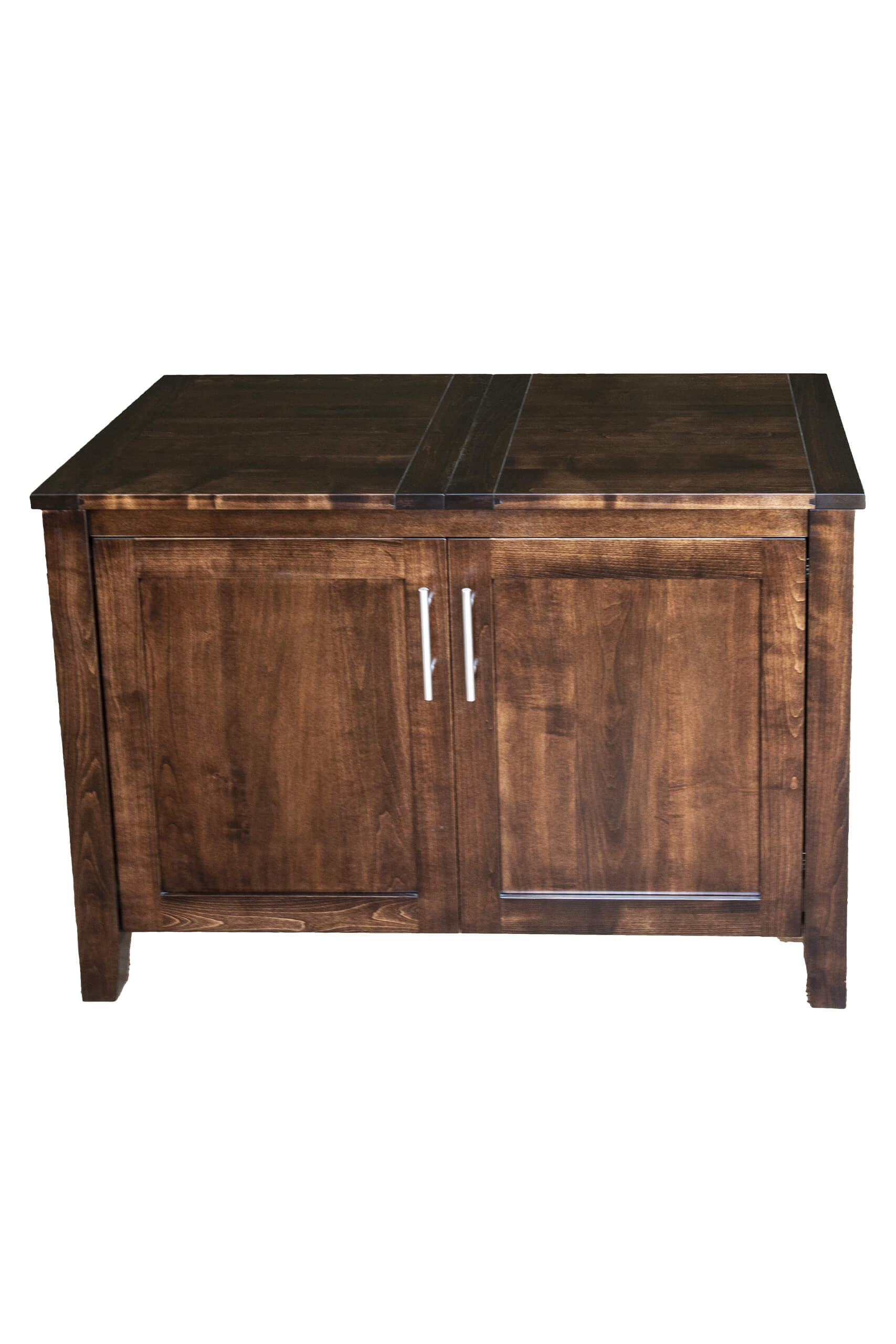 7.8.26 Spring Valley Woodworking Cabinets, Hutches, and Storage Gallery 23 A wooden cabinet with a dark finish, two doors, and silver handles, standing on four short legs against a white background.