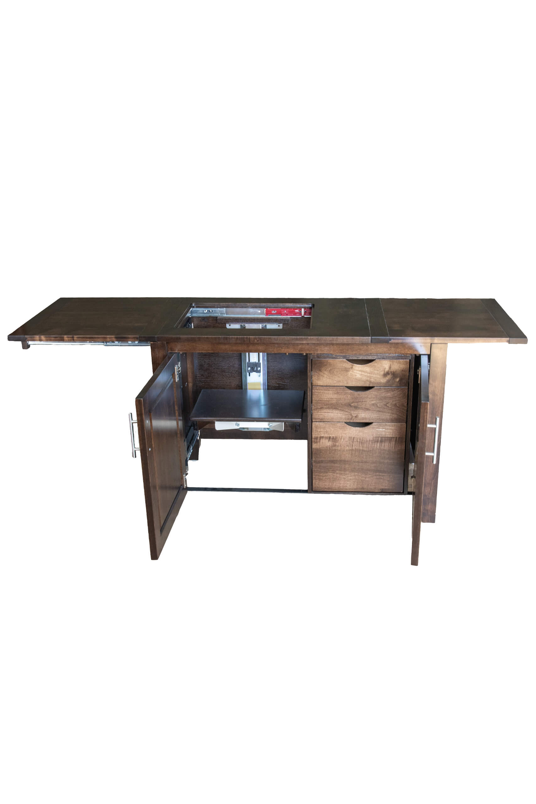 7.8.26 Spring Valley Woodworking Cabinets, Hutches, and Storage Gallery 24 Large wooden table with extended leaves, open cabinets, drawers, and a pull-out tray, showing storage compartments and a central recessed area.