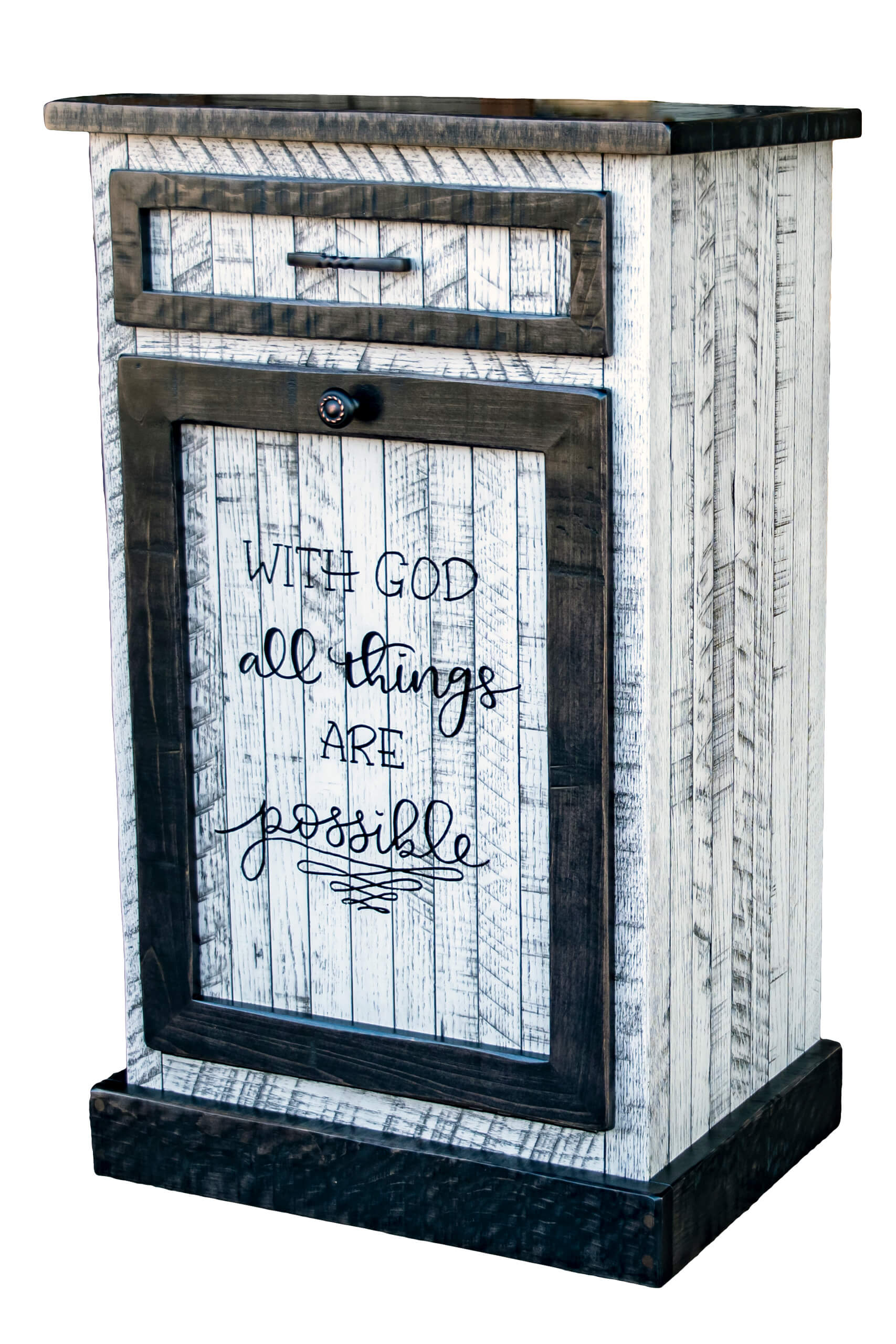 7.8.26 Spring Valley Woodworking Cabinets, Hutches, and Storage Gallery 26 A rustic wooden cabinet with one drawer and one door, featuring the text "With God all things are possible" on the front.