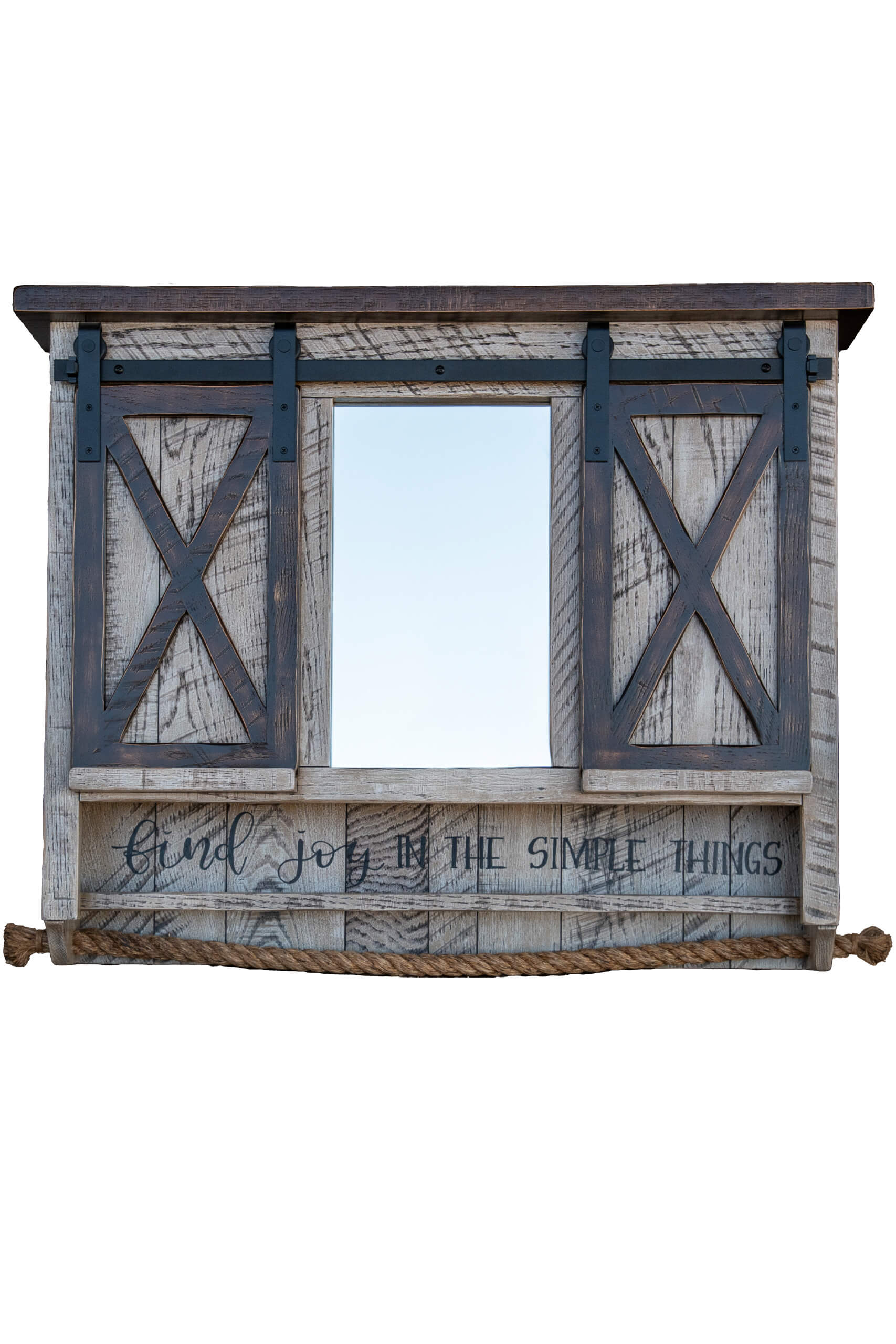 7.8.26 Spring Valley Woodworking Cabinets, Hutches, and Storage Gallery 4 Rustic wooden window frame with sliding barn doors and the phrase "Find joy in the simple things" written at the bottom; blue sky visible through the opening.