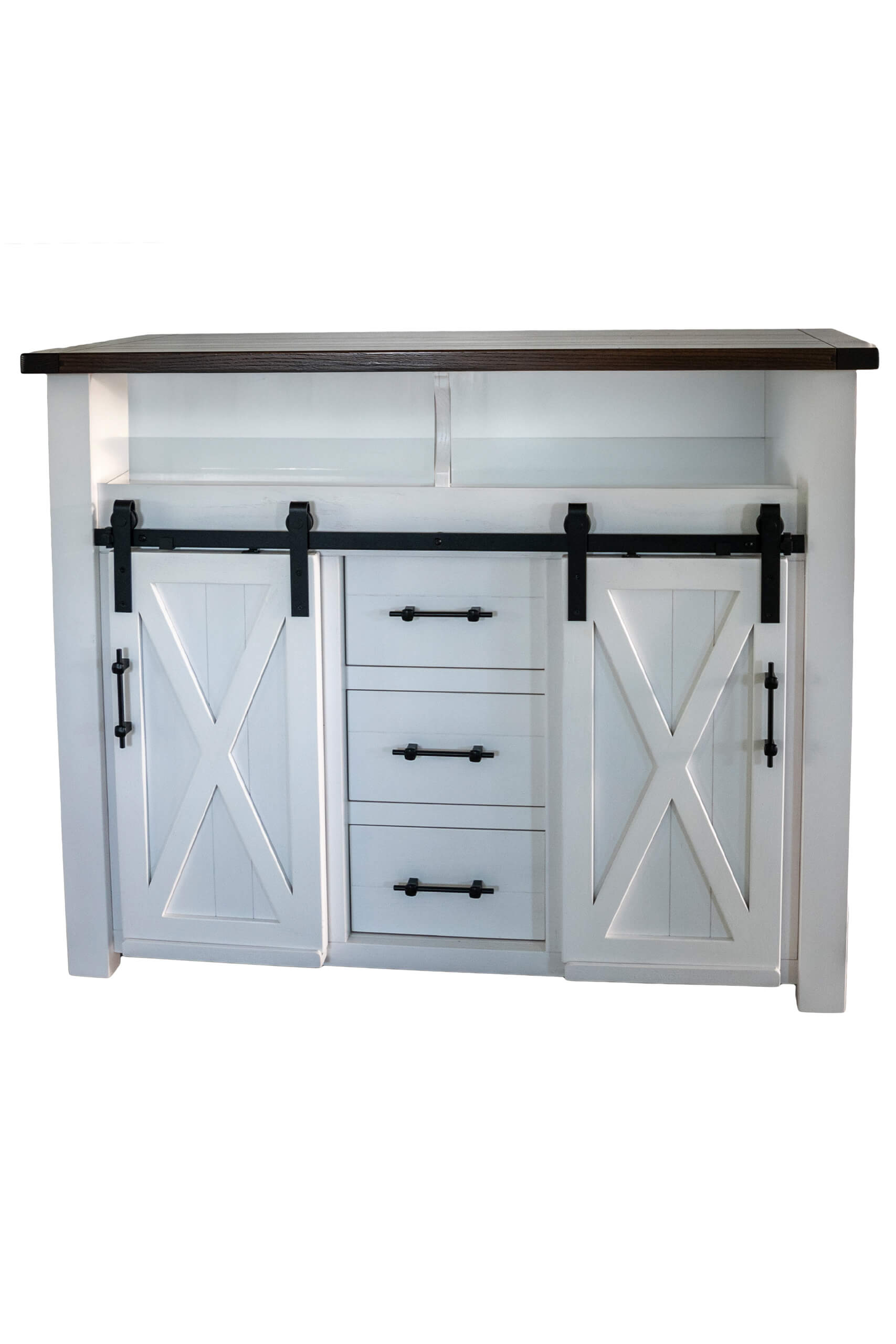 7.8.26 Spring Valley Woodworking Cabinets, Hutches, and Storage Gallery 5 White wooden sideboard with a dark top, featuring two sliding barn-style doors and three central drawers, set against a plain background.