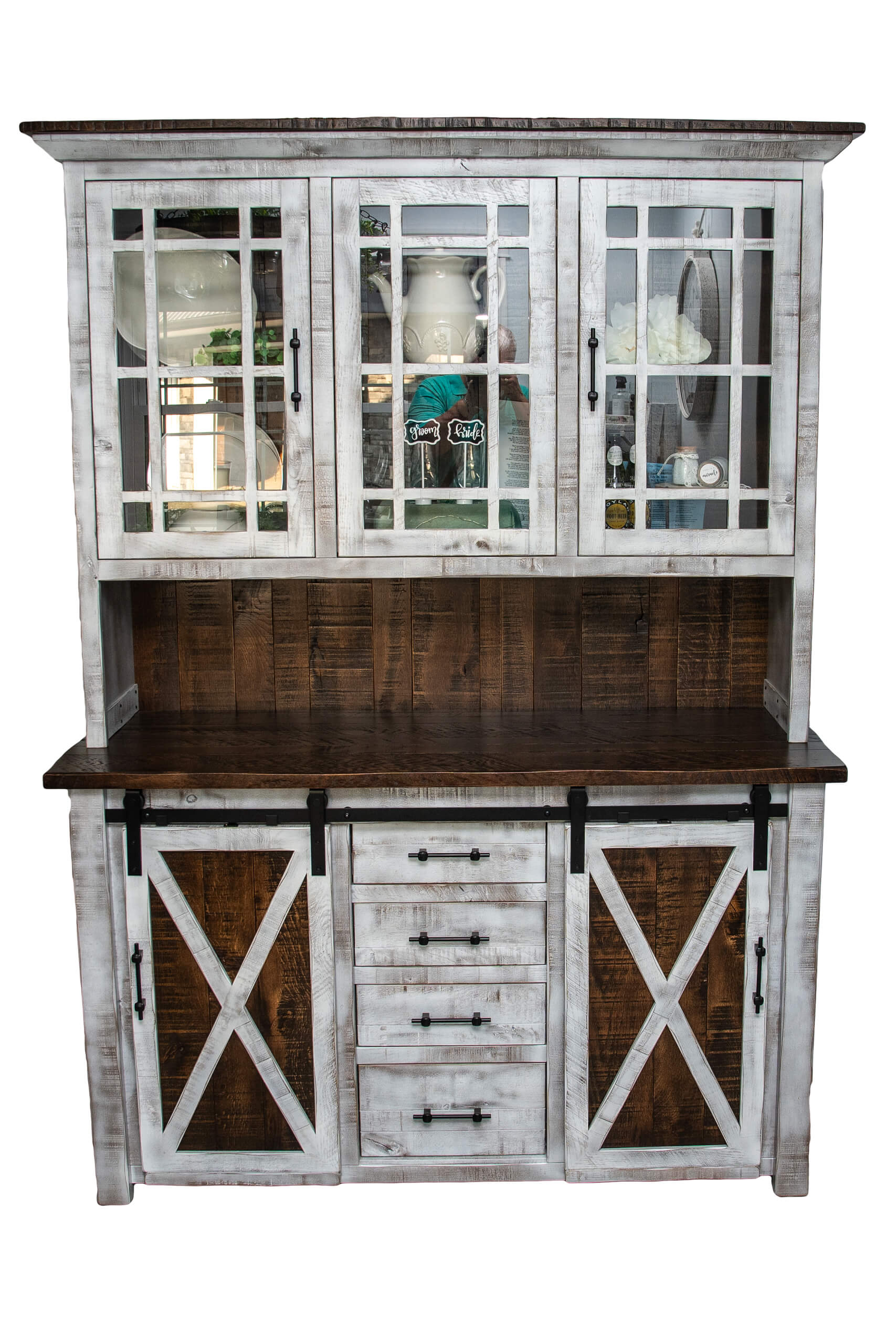 7.8.26 Spring Valley Woodworking Cabinets, Hutches, and Storage Gallery 6 A farmhouse-style hutch with glass-paneled upper cabinets, open shelf, and sliding barn doors below, featuring a dark wood countertop and white distressed wood finish.