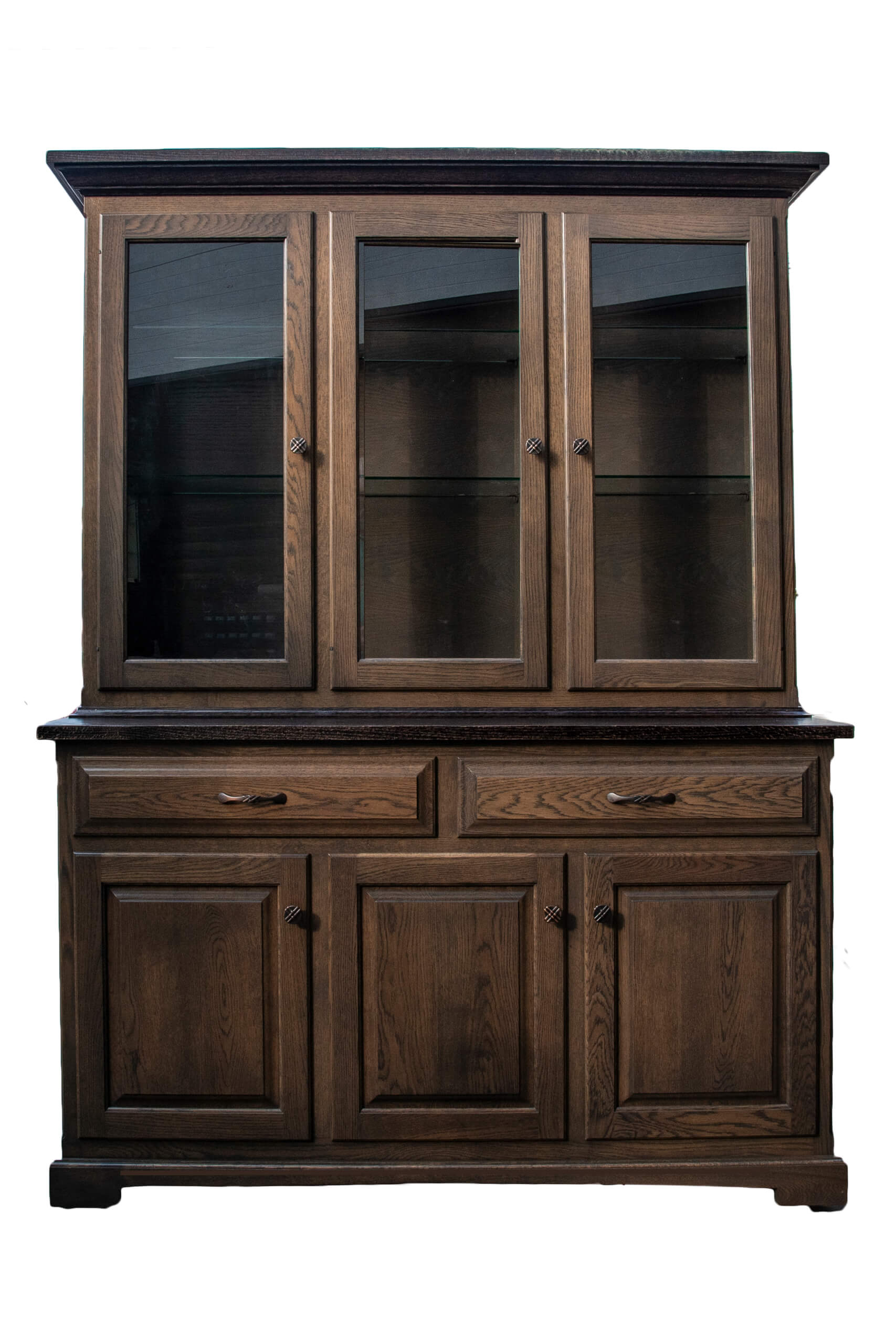 7.8.26 Spring Valley Woodworking Cabinets, Hutches, and Storage Gallery 7 A wooden china cabinet with three glass doors on top, two drawers, and three solid doors on the bottom, isolated on a white background.