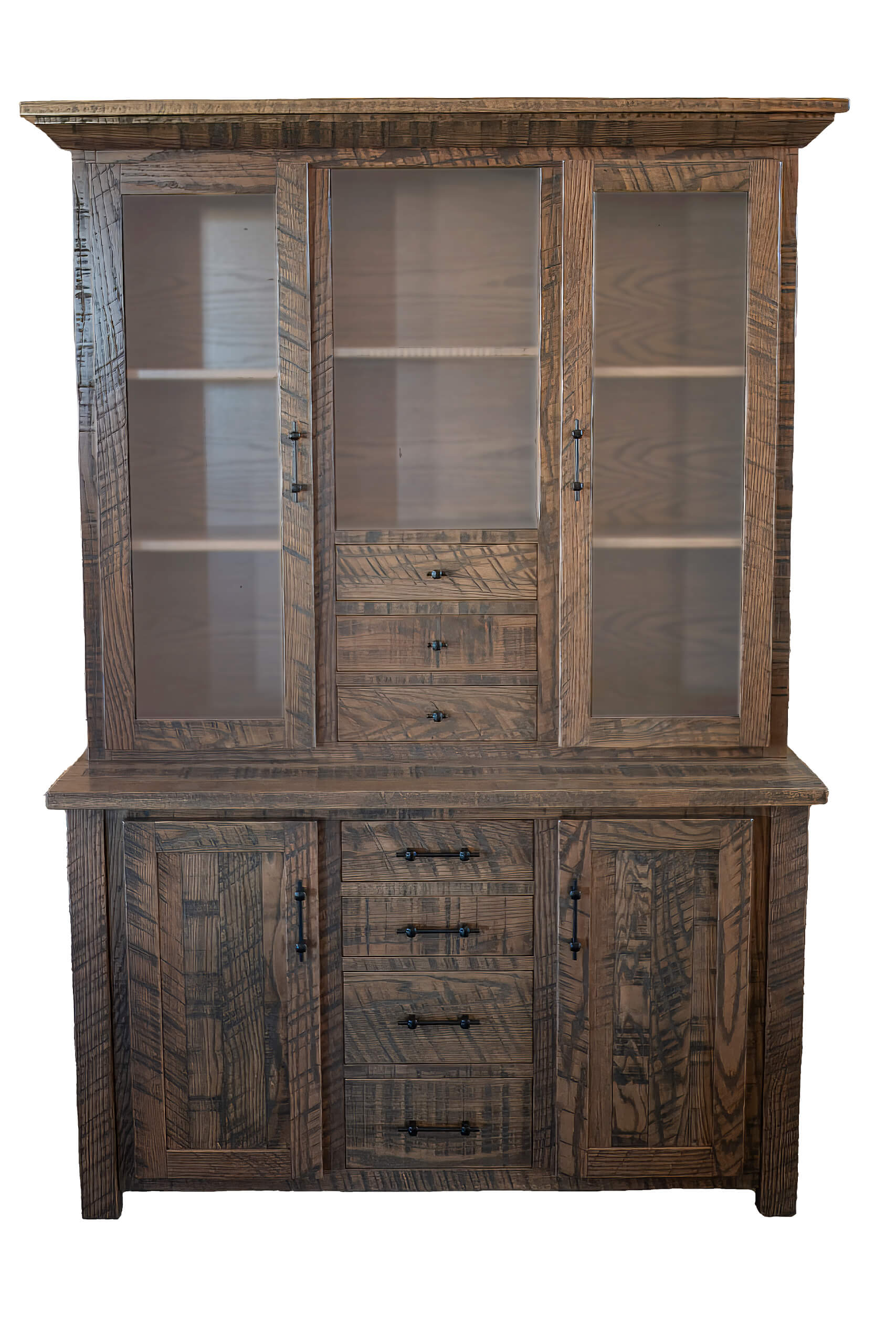 7.8.26 Spring Valley Woodworking Cabinets, Hutches, and Storage Gallery 8 A wooden hutch with glass-paneled upper doors, open shelves, six central drawers, and four lower doors, shown against a white background.