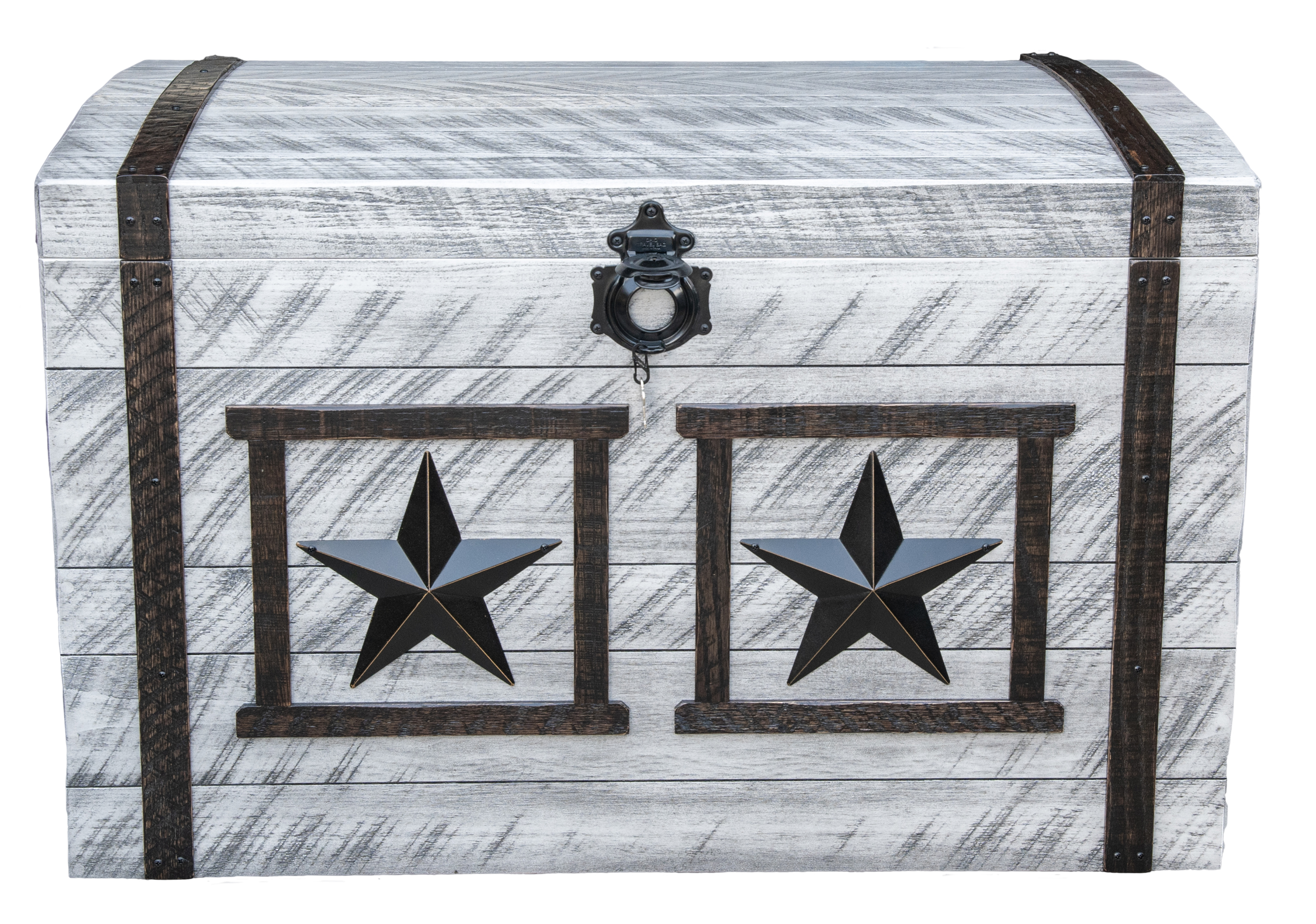 7.8.26 Spring Valley Woodworking Chests Gallery 1 A white wooden chest with dark metal bands, a central latch, and two black stars set inside square frames on the front.