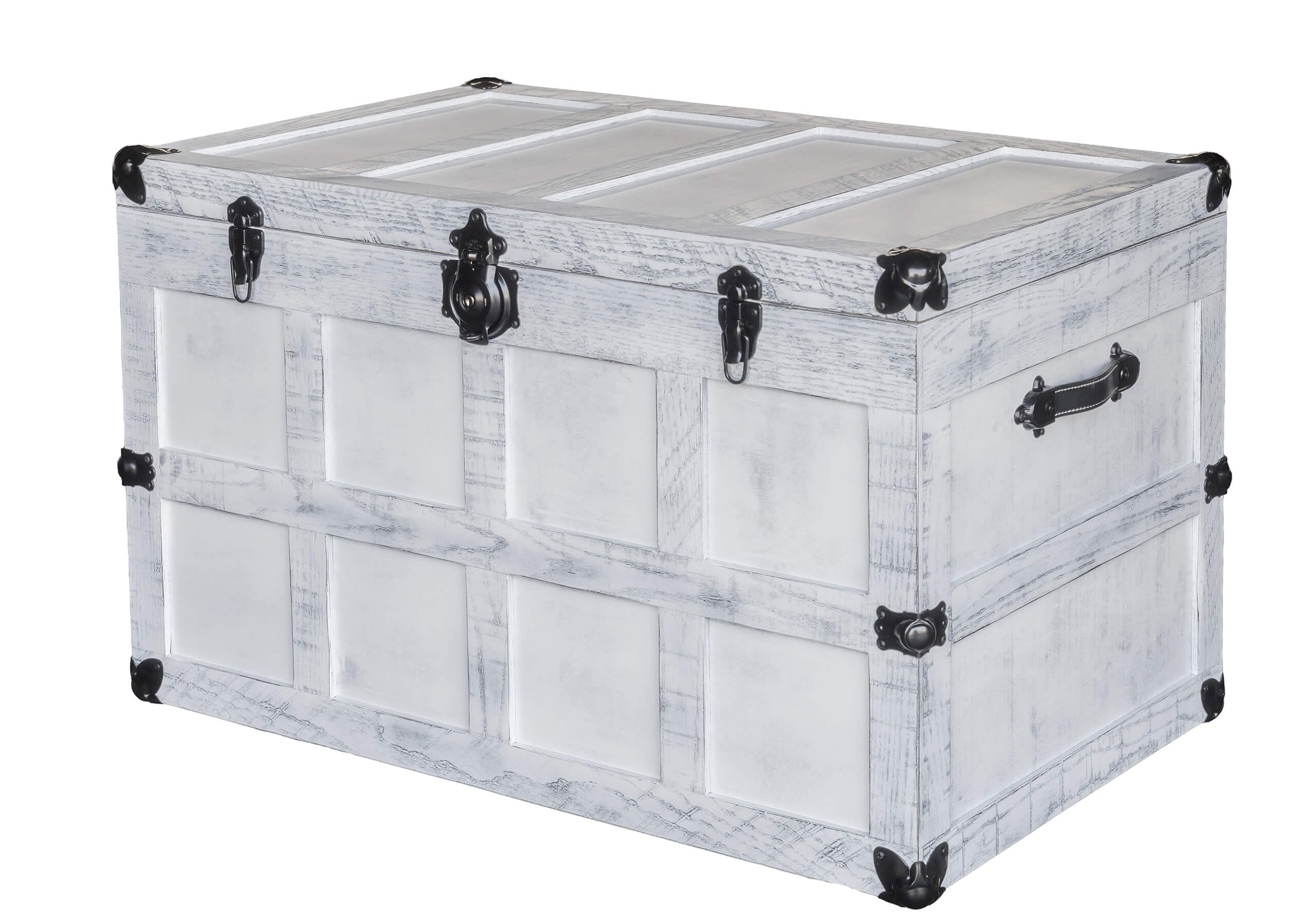 7.8.26 Spring Valley Woodworking Chests Gallery 2 White wooden storage trunk with black metal accents, hinges, and handles, featuring a paneled design on its sides and lid.