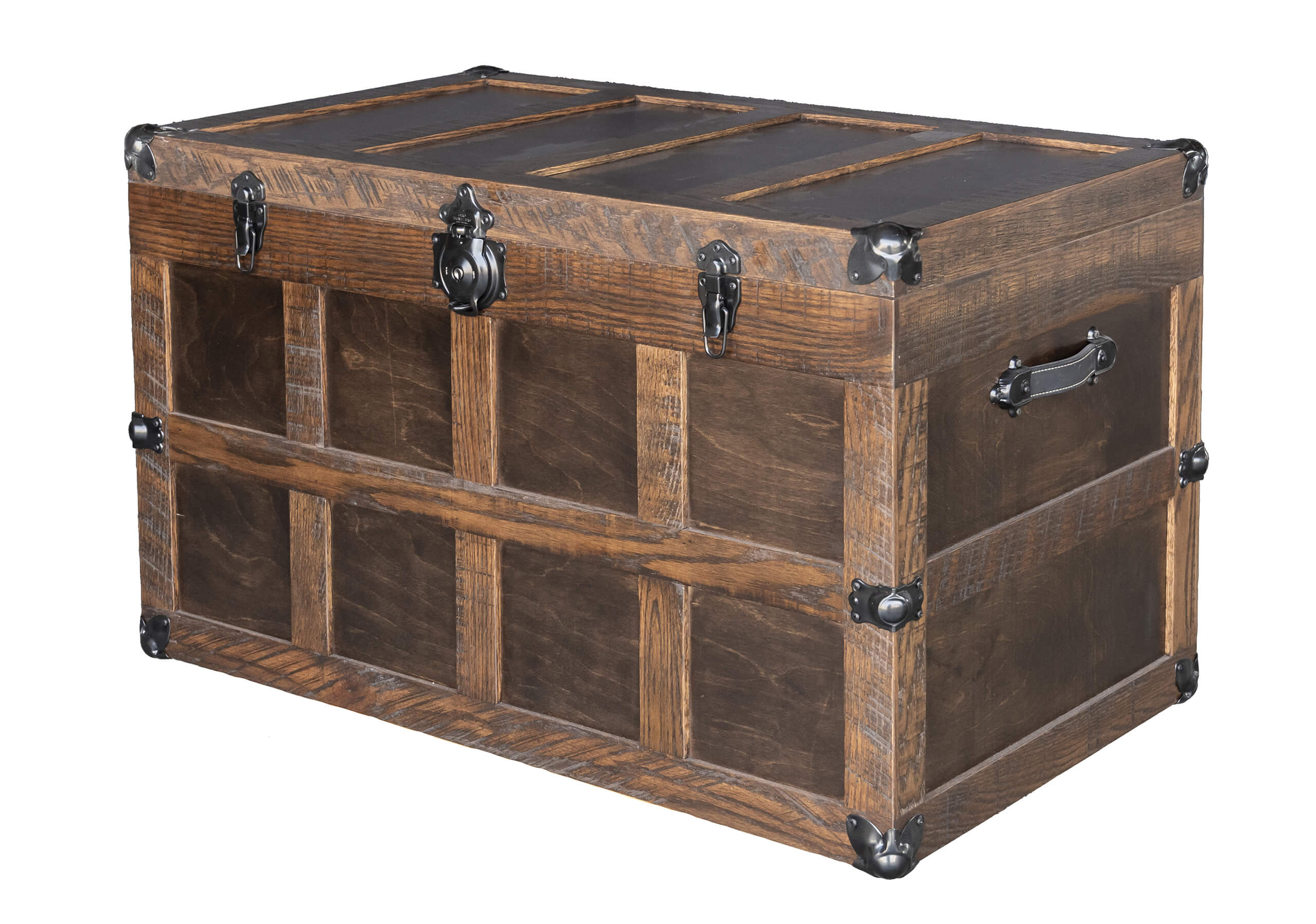 7.8.26 Spring Valley Woodworking Chests Gallery 3 A large, rectangular wooden chest with metal corner accents, a central latch, and side handles, set against a white background.