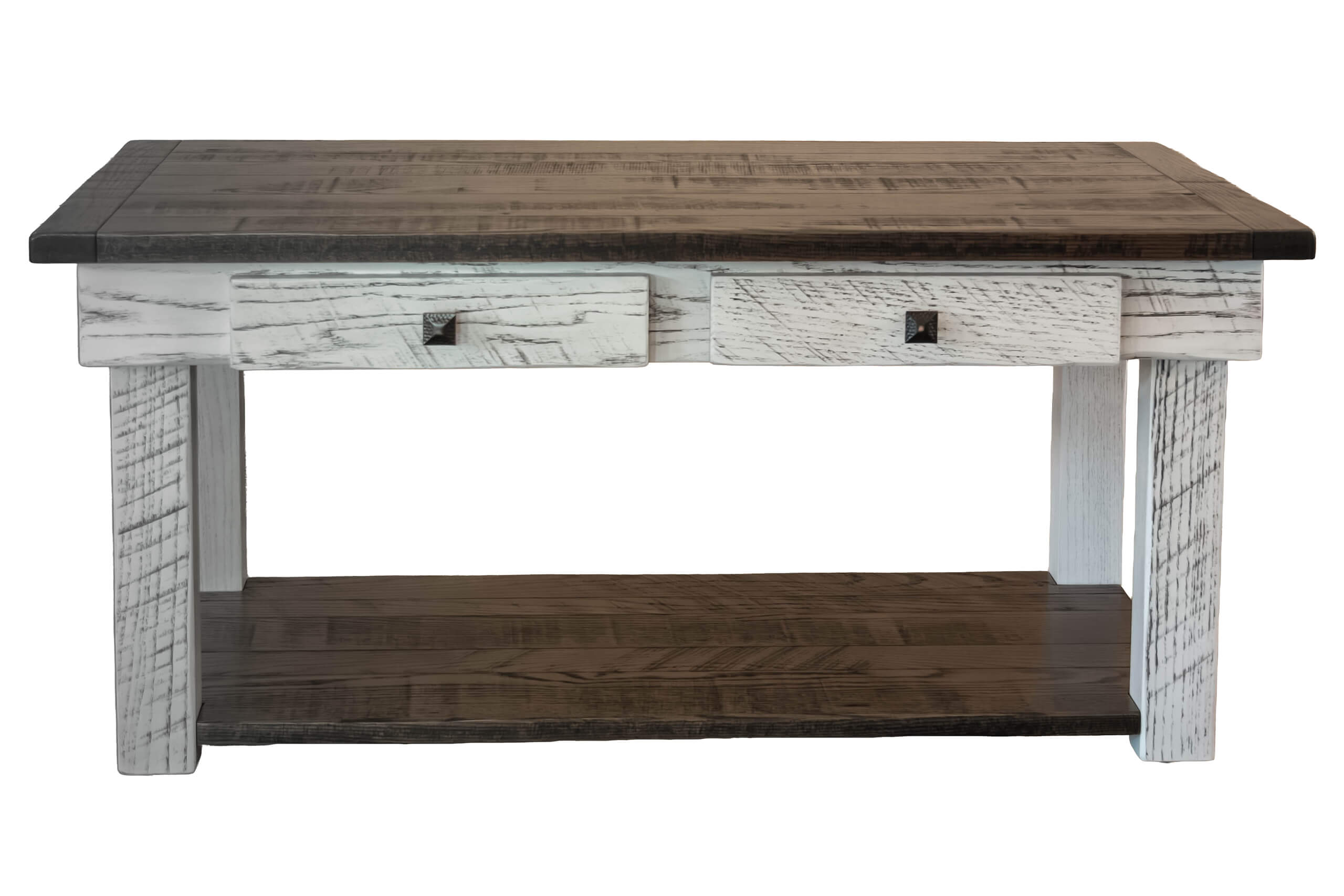 7.8.26 Spring Valley Woodworking Tables Gallery 1 A wooden console table with a dark top, two small front drawers, and a lower shelf. The legs and drawer fronts have a distressed white finish.