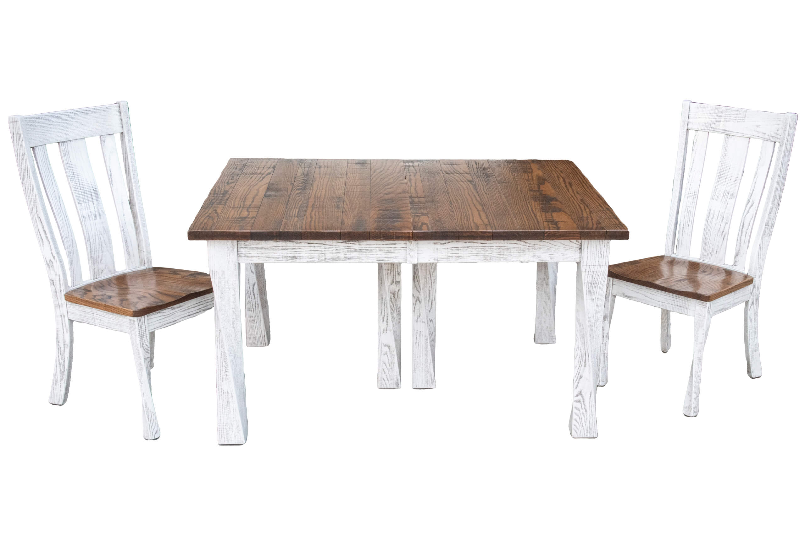 7.8.26 Spring Valley Woodworking Tables Gallery 11 A wooden dining table with a brown top and white legs, accompanied by two matching chairs with white frames and brown seats.