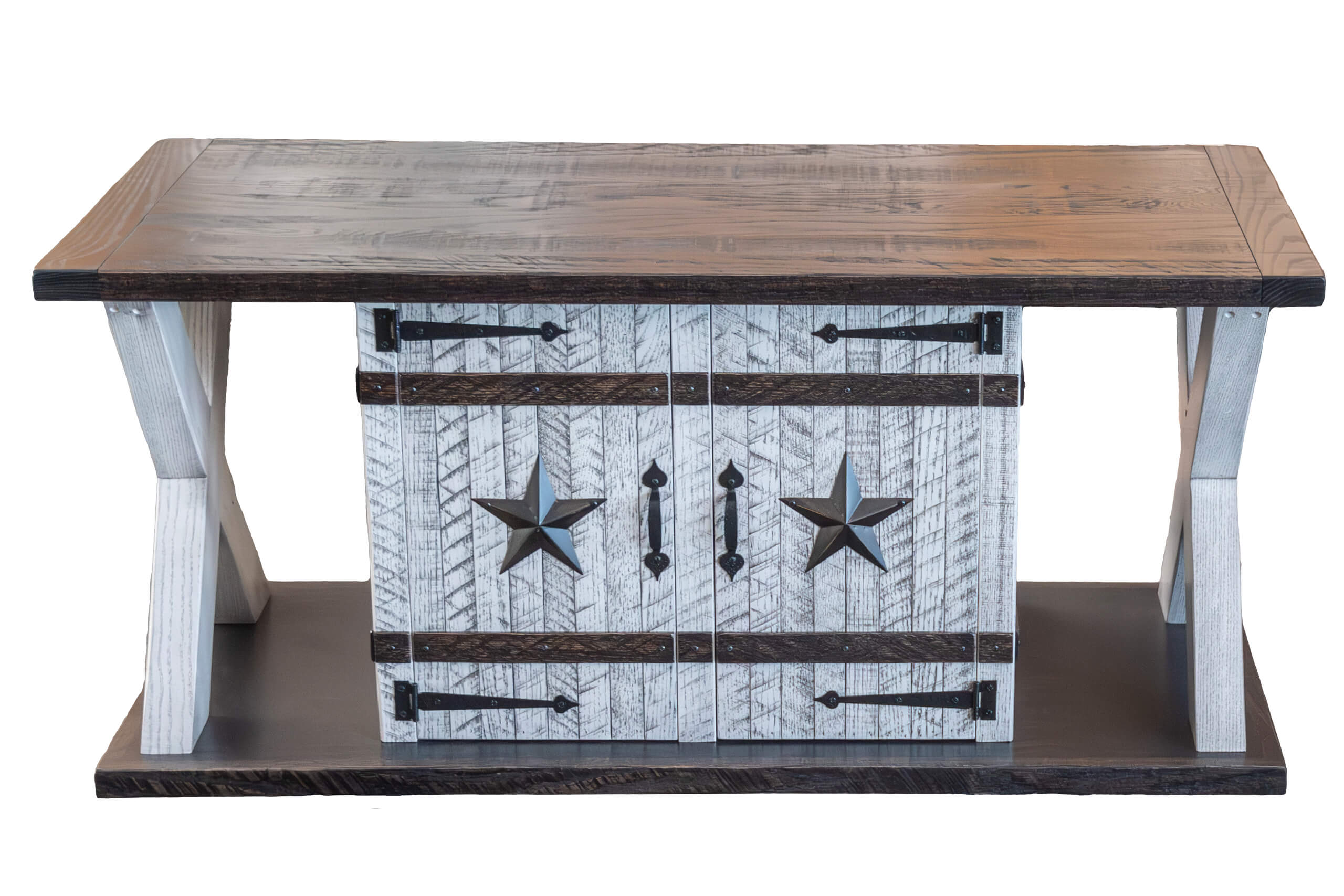 7.8.26 Spring Valley Woodworking Tables Gallery 2 Wooden coffee table with a rustic design, featuring a dark top and base, white distressed double doors with black star accents, and black metal hardware.