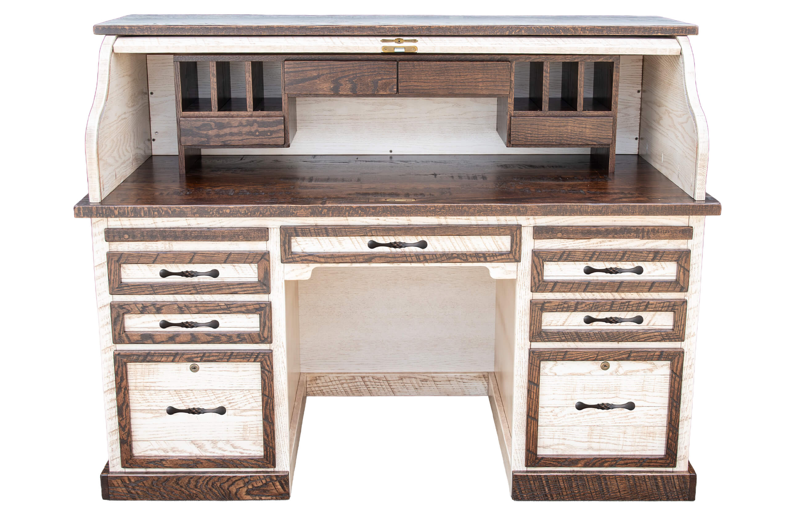 7.8.26 Spring Valley Woodworking Tables Gallery 5 Wooden roll-top desk with multiple drawers, compartments, and a central writing area; features contrasting dark and light wood finishes.