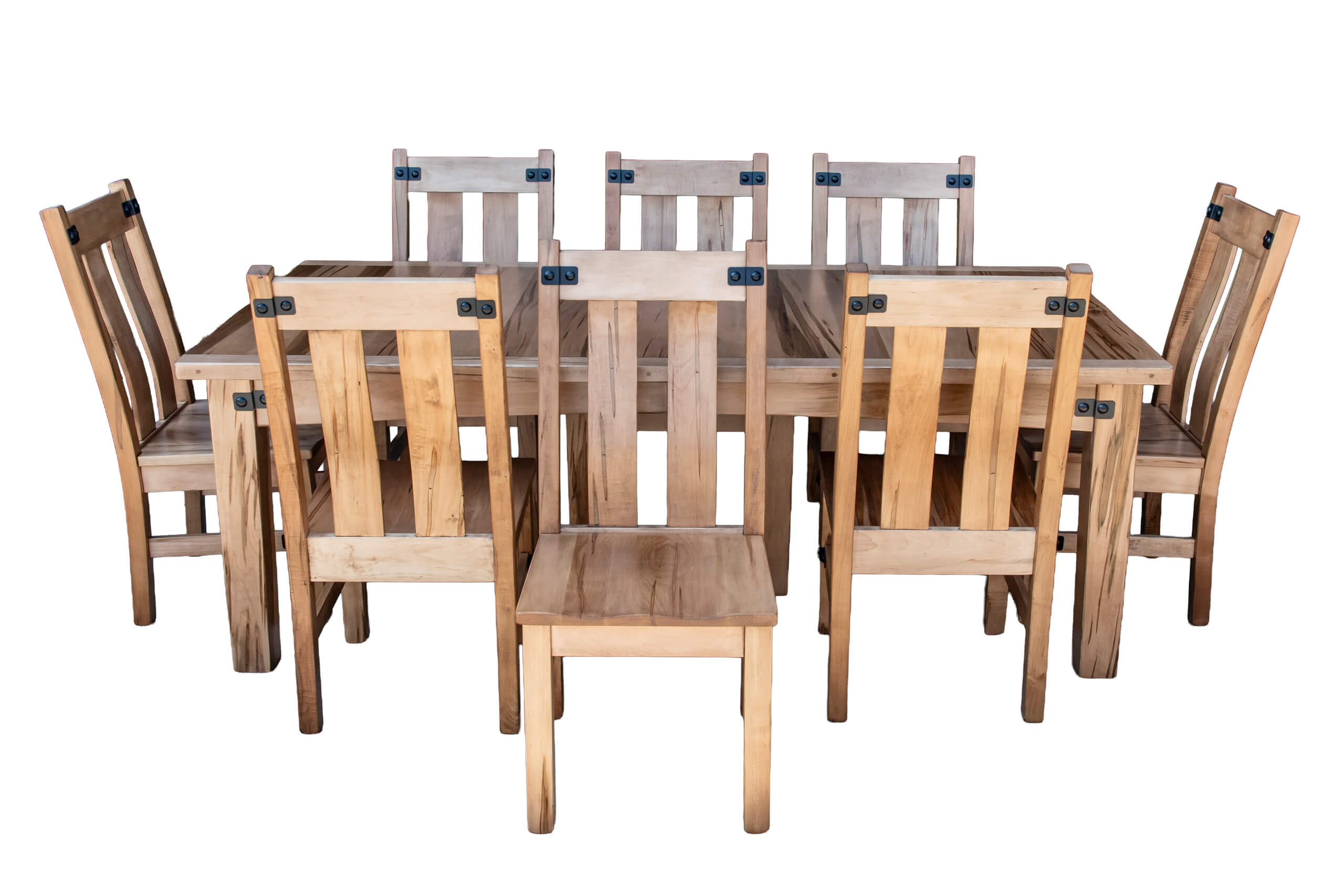 7.8.26 Spring Valley Woodworking Tables Gallery 6 A wooden dining table set with eight matching chairs, all featuring a simple slatted back design, photographed on a white background.