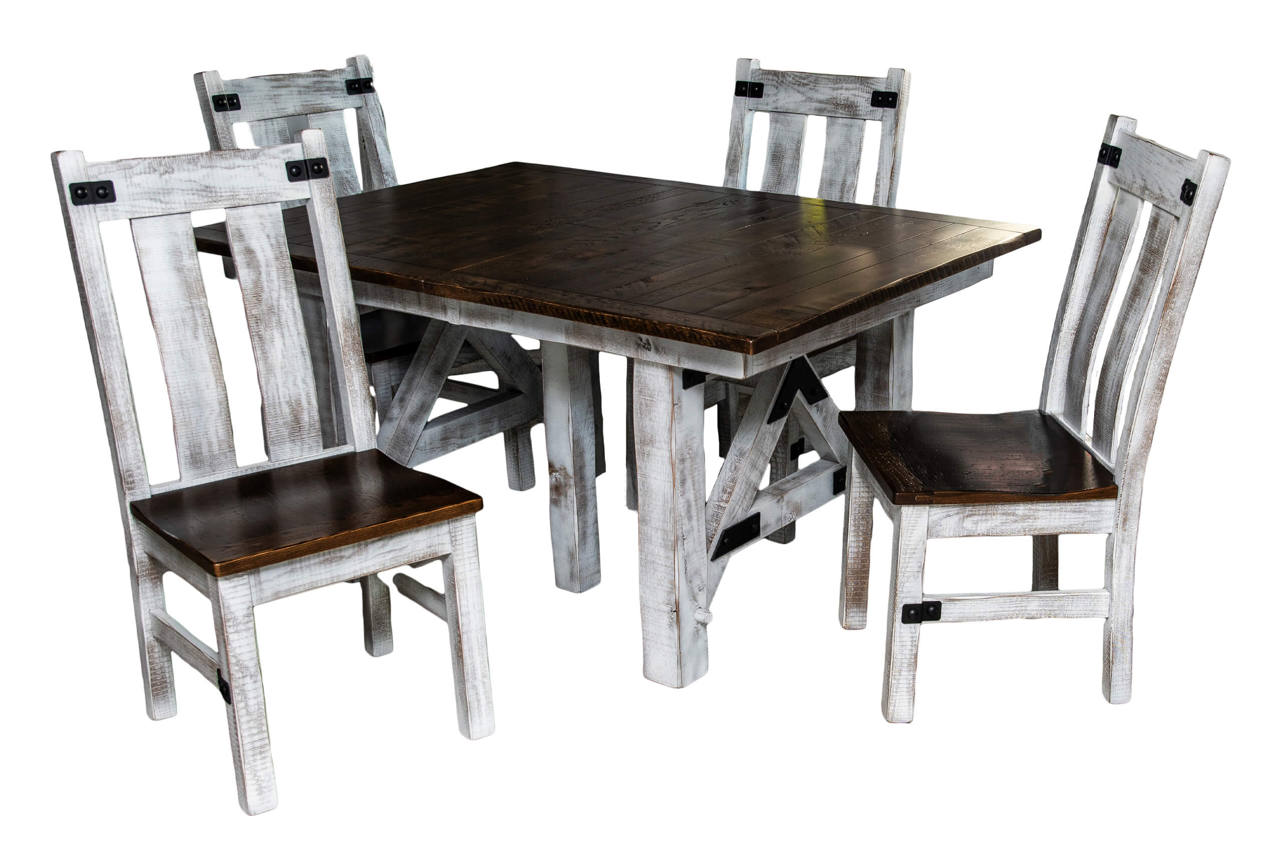 7.8.26 Spring Valley Woodworking Tables Gallery 7 A wooden dining table with a dark top and four matching chairs featuring distressed white frames and dark wooden seats.