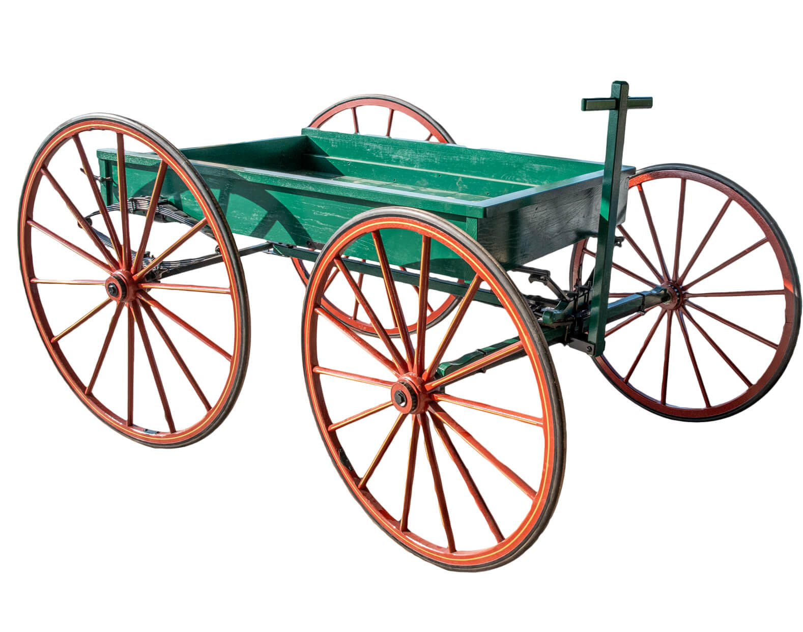 7.8.26 Spring Valley Woodworking Wagons Gallery 2 A green wooden wagon with four large red-spoked wheels and a cross-shaped handle, shown on a white background.