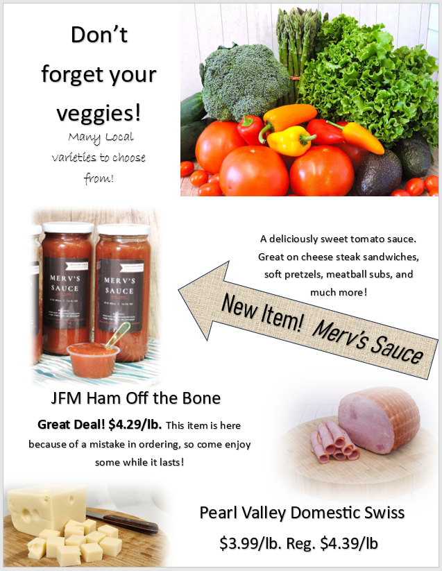 Assorted fresh vegetables, jars of tomato sauce, sliced ham, and blocks of Swiss cheese displayed with text highlighting deals and promotions for each item.