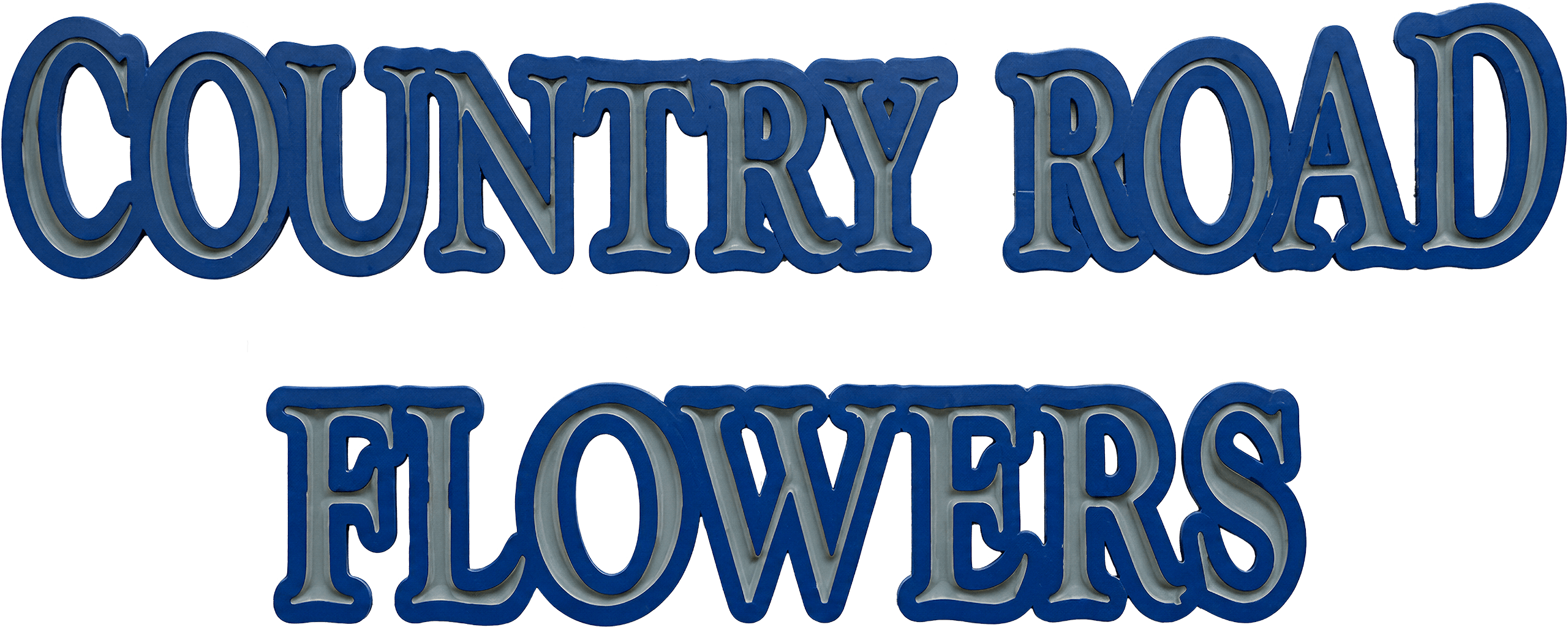 Blue outlined text reads “COUNTRY ROAD” on the top line and “FLOWERS” on the bottom line, both in a bold, uppercase serif font on a white background.