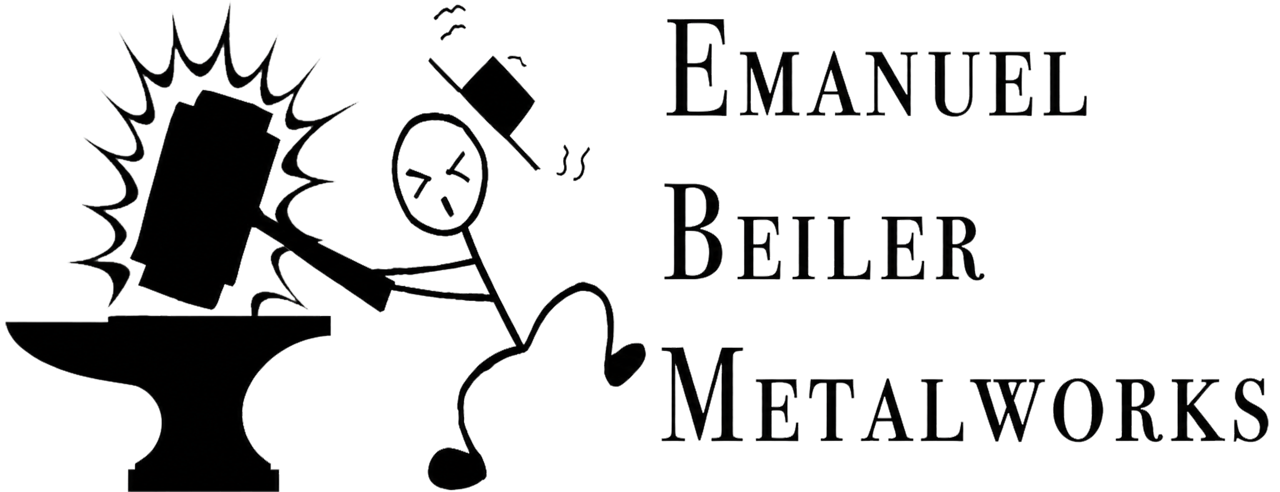 Stick figure in a top hat hammers metal on an anvil with “Emanuel Beiler Metalworks” written vertically on the right side in large serif font.