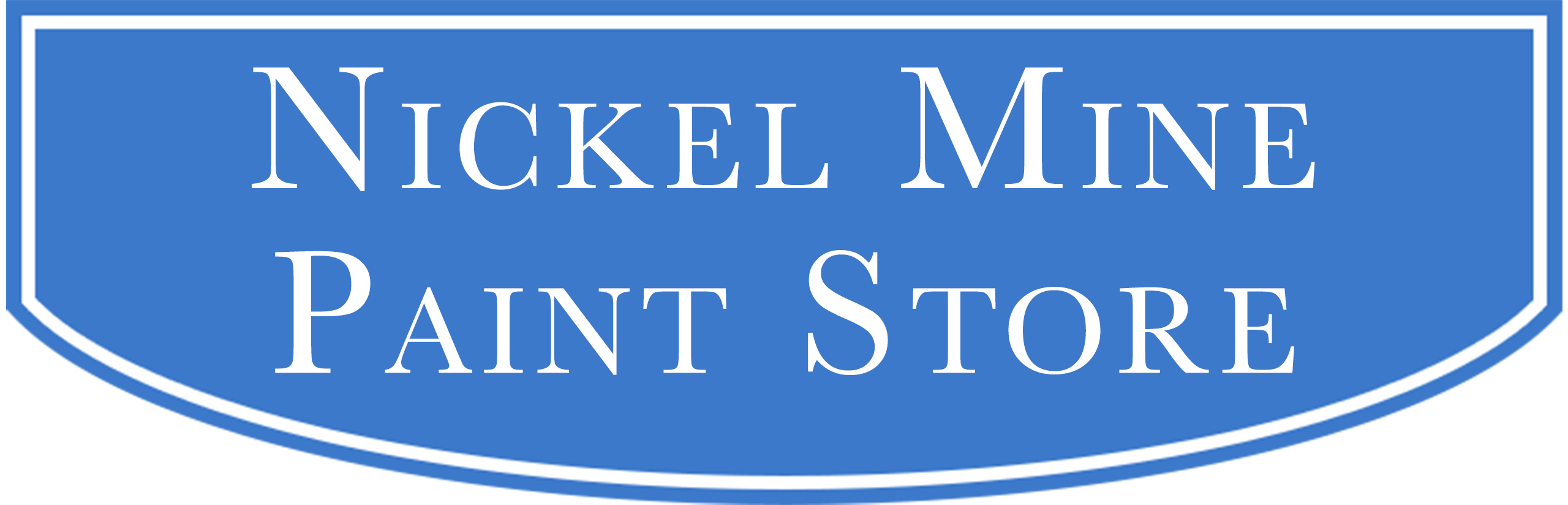 Blue sign with white border and white text reading “Nickel Mine Paint Store” in all capital letters.