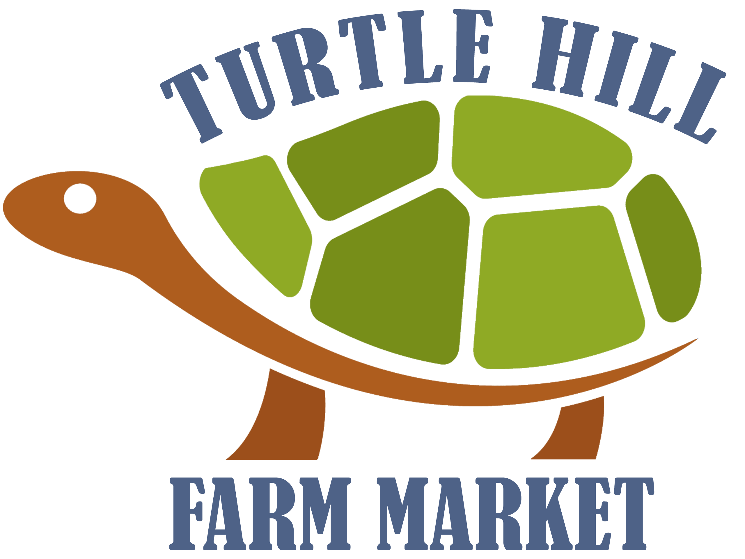 Logo of Turtle Hill Farm Market featuring a stylized green and brown turtle with the business name above and below in blue letters.