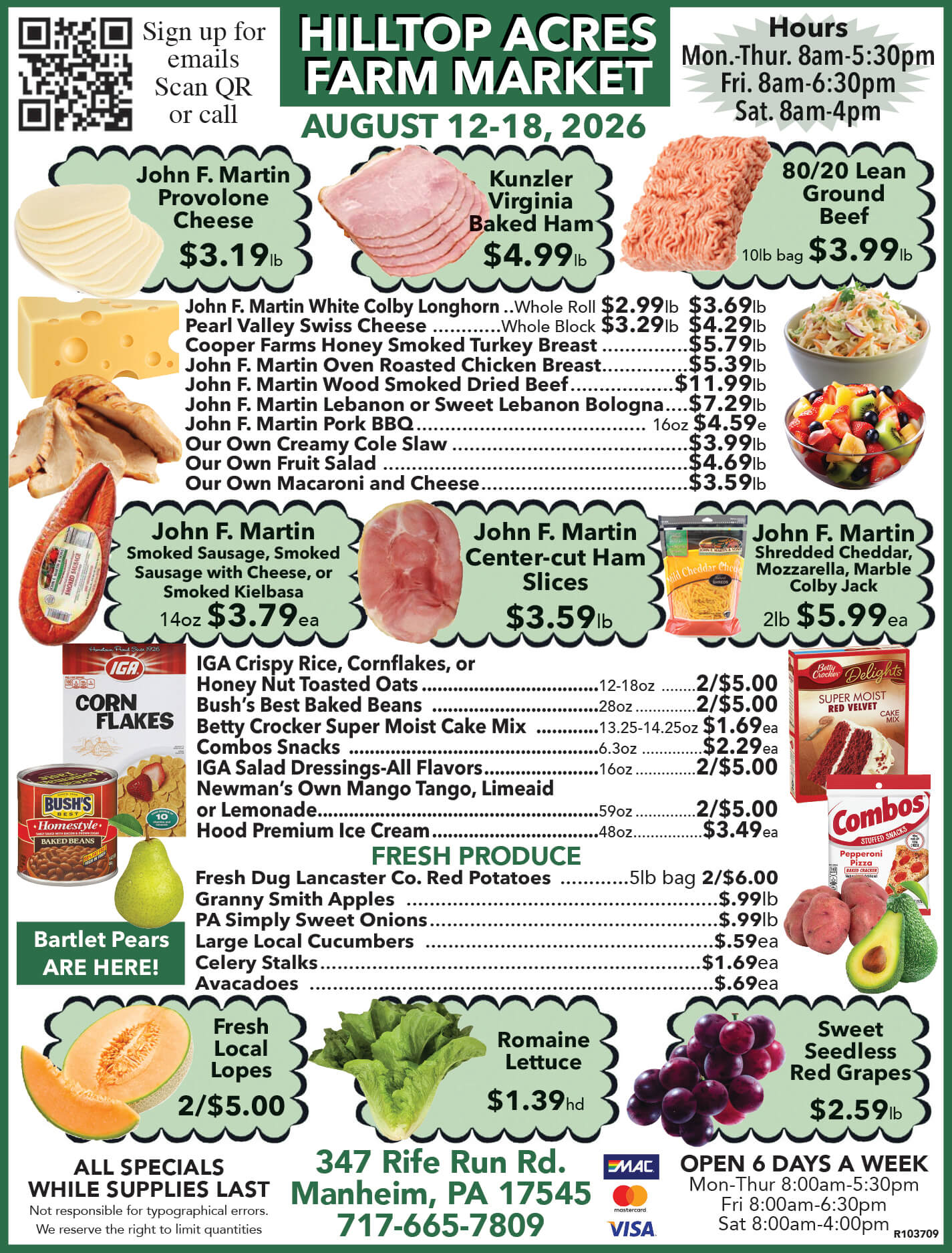 Farm market flyer with weekly specials: cheeses, lunchmeats, cereal, snacks, fruit, drinks, and store info including hours, location, payment methods, and a QR code for emails.