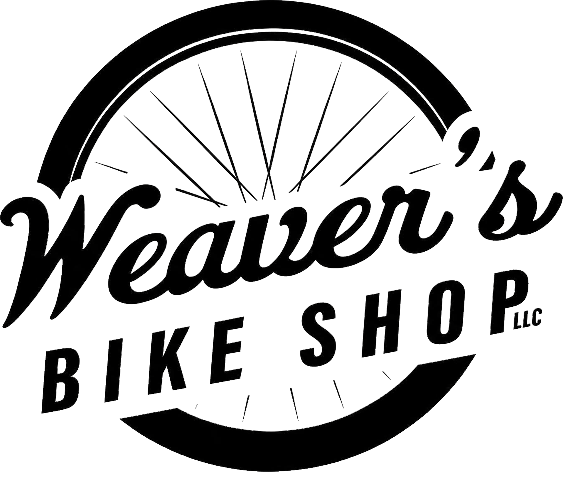 Logo for Weaver’s Bike Shop LLC featuring stylized text over a graphic of a bicycle wheel with spokes.
