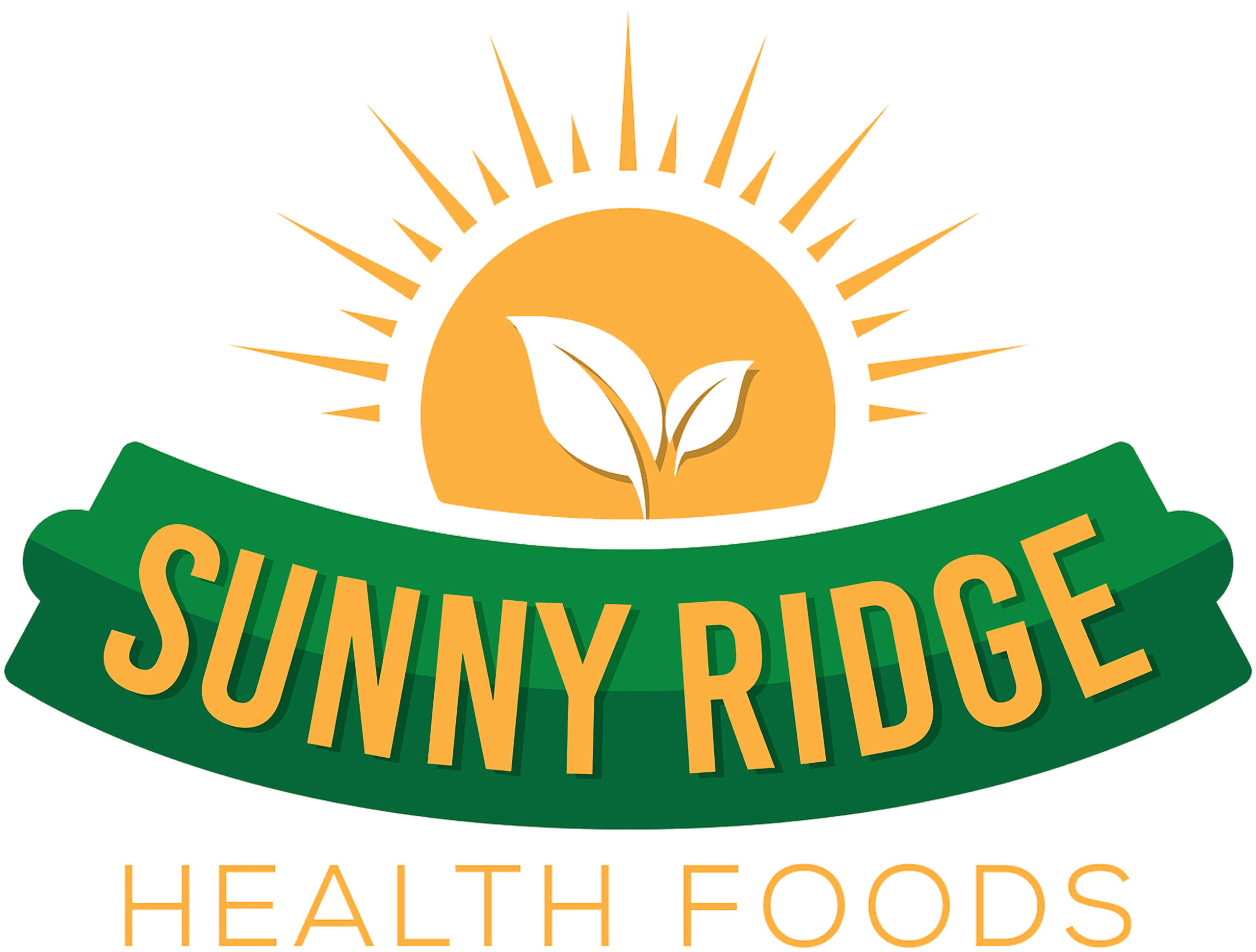 Logo for “Sunny Ridge Health Foods” showing a yellow sun with rays and a plant sprout, with the company name in green and yellow text in front of the sun.
