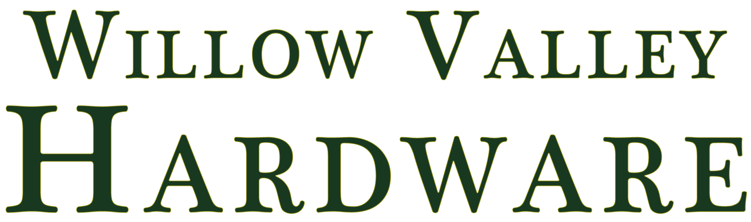 Text reads “Willow Valley Hardware” in large, serif, dark green letters on a light background.