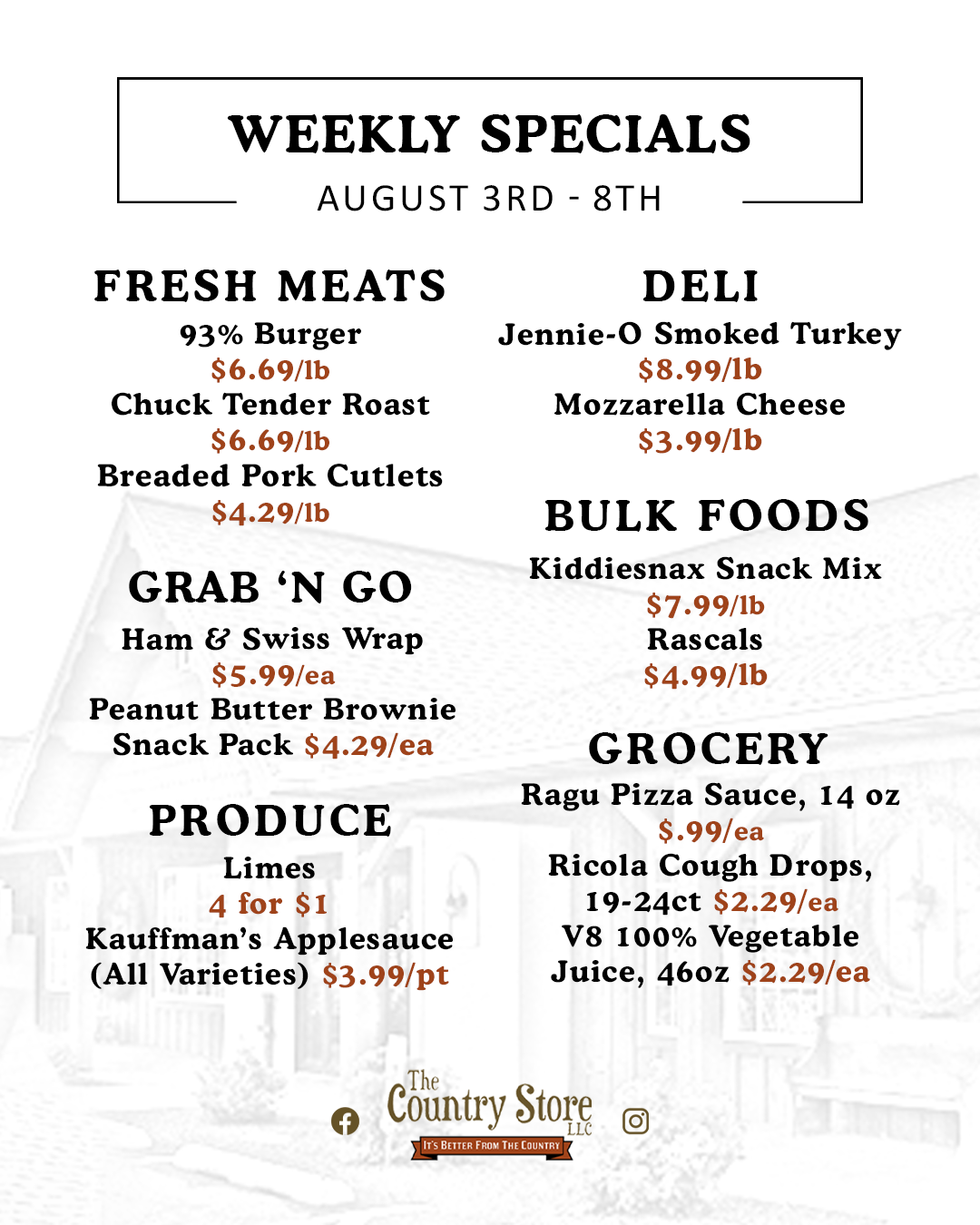 Weekly specials list from The Country Store including fresh meats, deli, grab & go items, bulk foods, produce, and grocery deals for August 3rd-8th.