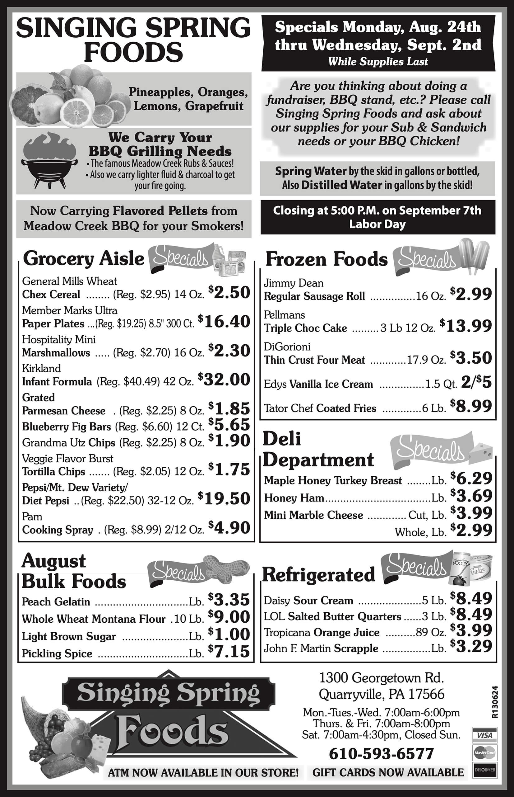 Black and white grocery store ad listing prices for items in grocery, dairy, bulk foods, frozen foods, produce, and meat departments, with specials valid August 24 to September 2.