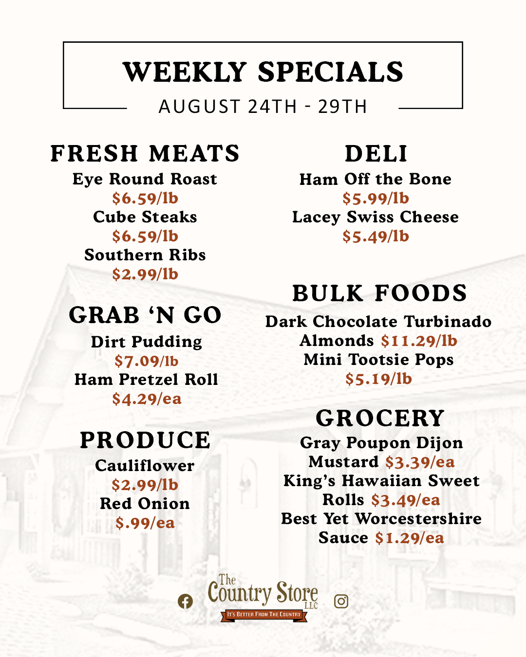 Weekly specials menu listing prices for meats, deli, grab-and-go, bulk foods, produce, and grocery items at The Country Store from August 24th to 29th.