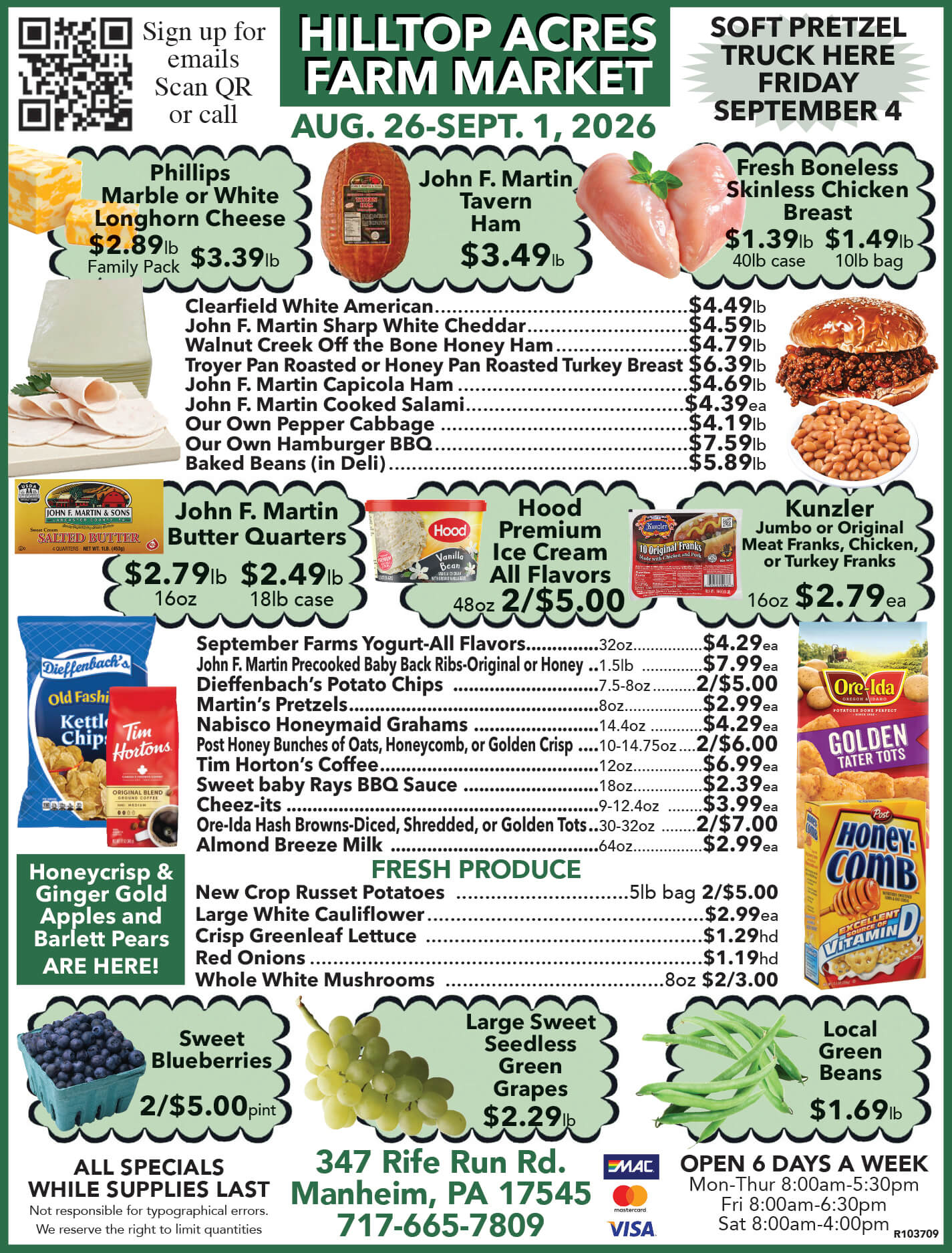 Hilltop Acres Farm Market flyer with photos and prices of deli meats, produce, and baked goods, plus store hours and contact information for August 26–September 1, 2026.