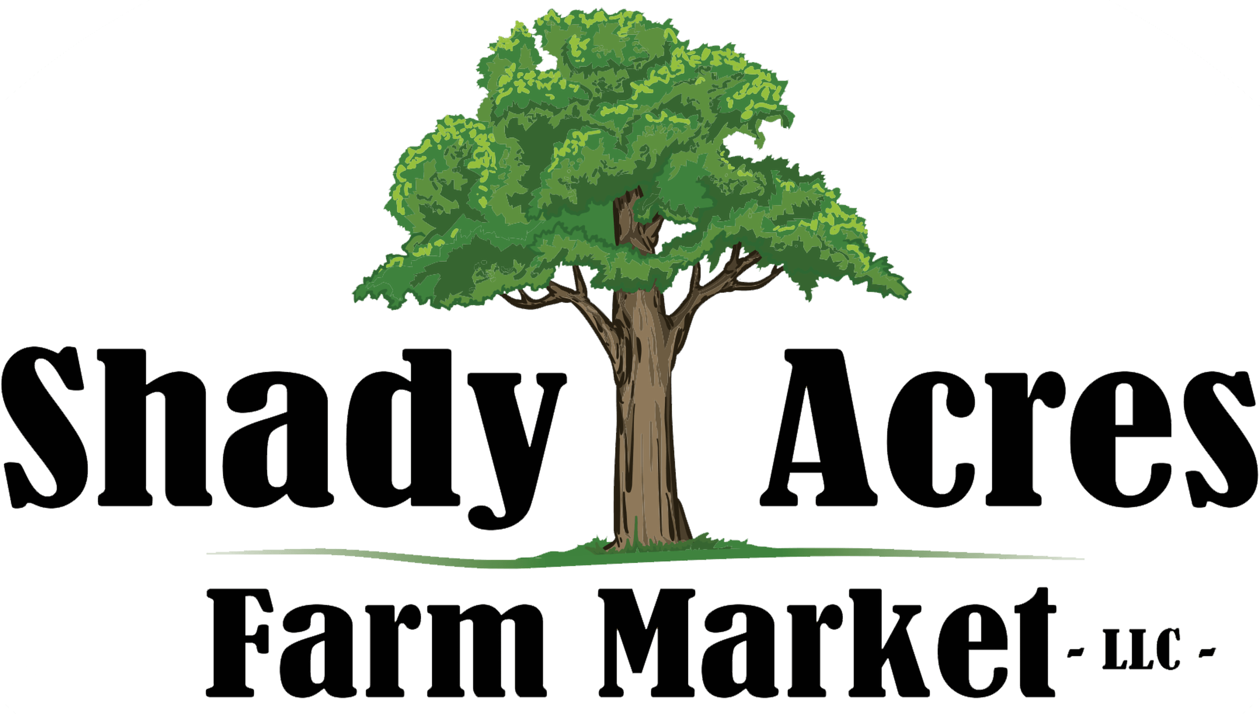 Logo for Shady Acres Farm Market LLC featuring a large green tree between the words “Shady” and “Acres,” with “Farm Market - LLC” below in smaller text.