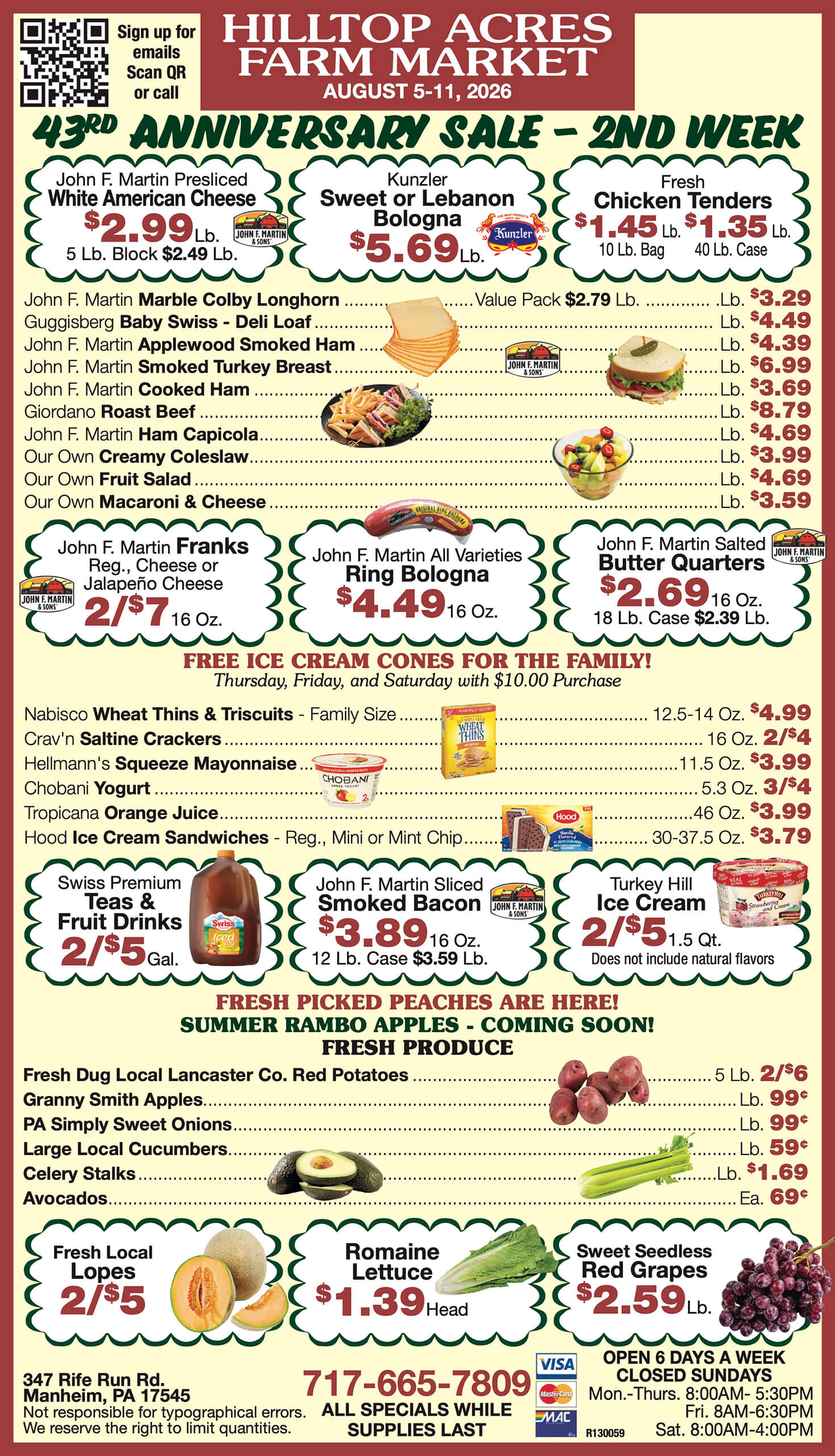 Hilltop Acres Farm Market sale flyer lists meats, dairy, produce, bulk items, and ice cream specials with prices for August 5-11, 2024, along with contact info and store hours.