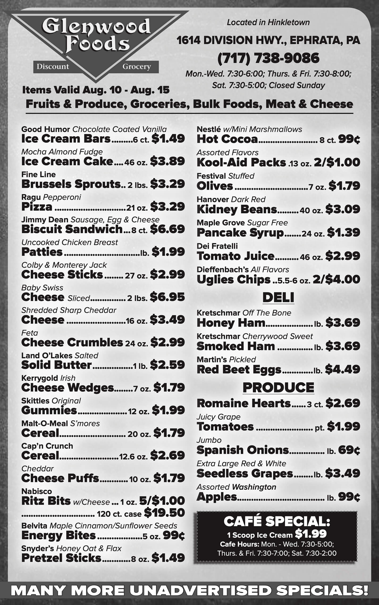 Black and white grocery store ad listing prices for frozen foods, snacks, produce, deli, bulk foods, and a café special, with Glenwood Foods contact information at the top.