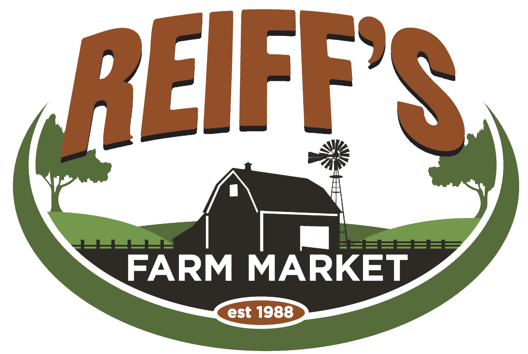 Logo for Reiff’s Farm Market featuring a barn, windmill, trees, and the text “REIFF’S FARM MARKET est 1988” in bold lettering.