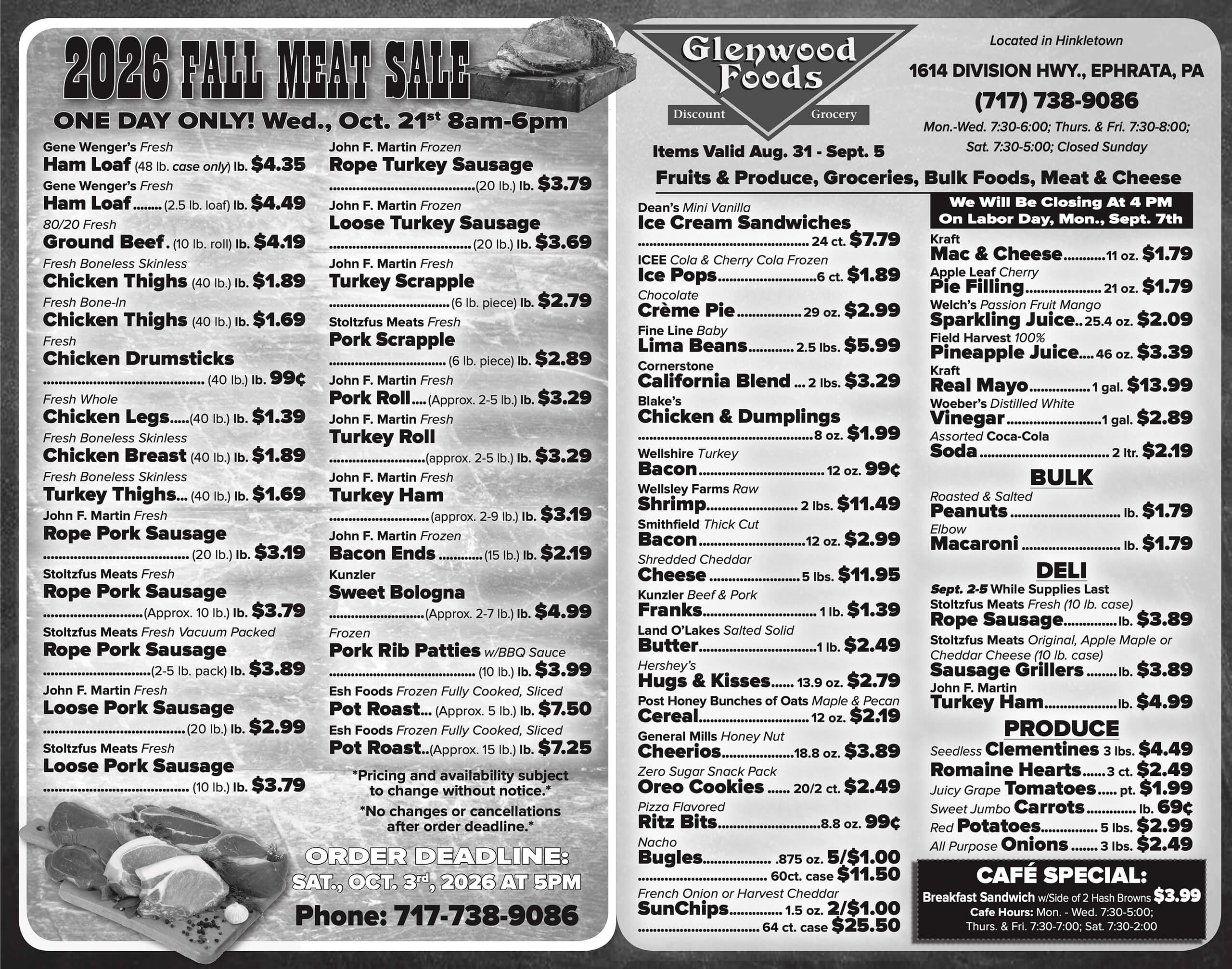 Black and white flyer for Glenwood Foods’ 2026 Fall Meat Sale, listing meat prices, store info, product specials, and café menu. Sale date: October 21st, 8am–6pm; order deadline: October 3rd.