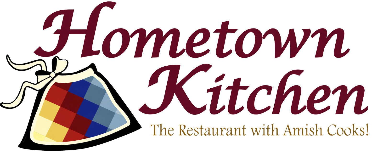 Logo for Hometown Kitchen with text “The Restaurant with Amish Cooks!” and an illustration of a colorful checkered apron on the left.